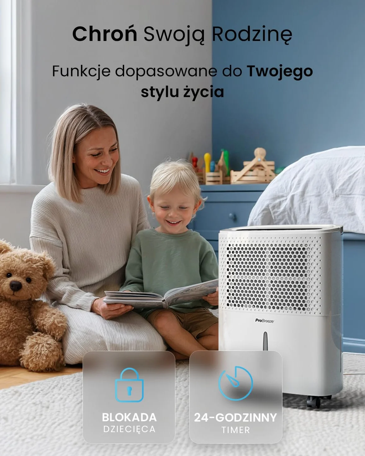 Pro Breeze Osuszacz Powietrza, Elektryczny Pochłaniacz Wilgoci Pleśni Kondensacji, Cichy Odwilżacz do Domu Łazienki Garażu Przyczepy Kempingowej, dla Dzieci Niemowląt, 24h Timer, Duży 1,8l Zbiornik