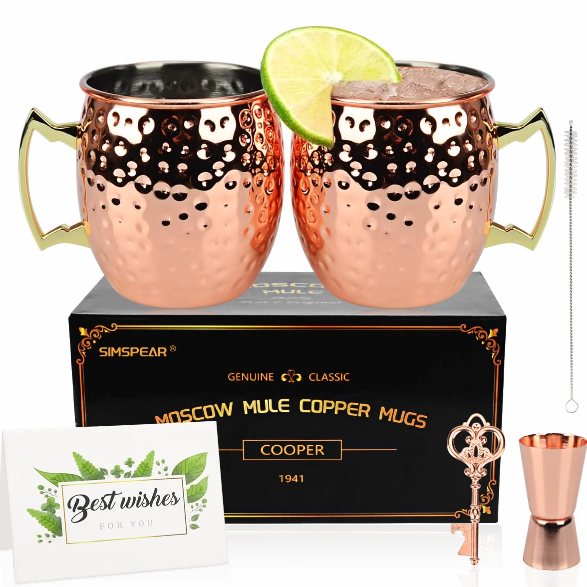 Zestaw 2 miedzianych kubków do Moscow Mule, 2 słomki do picia, 1 jigger, kubki koktajlowe do delektowania się koktajlami, zimnymi napojami, piwem, wódką (500 ml)