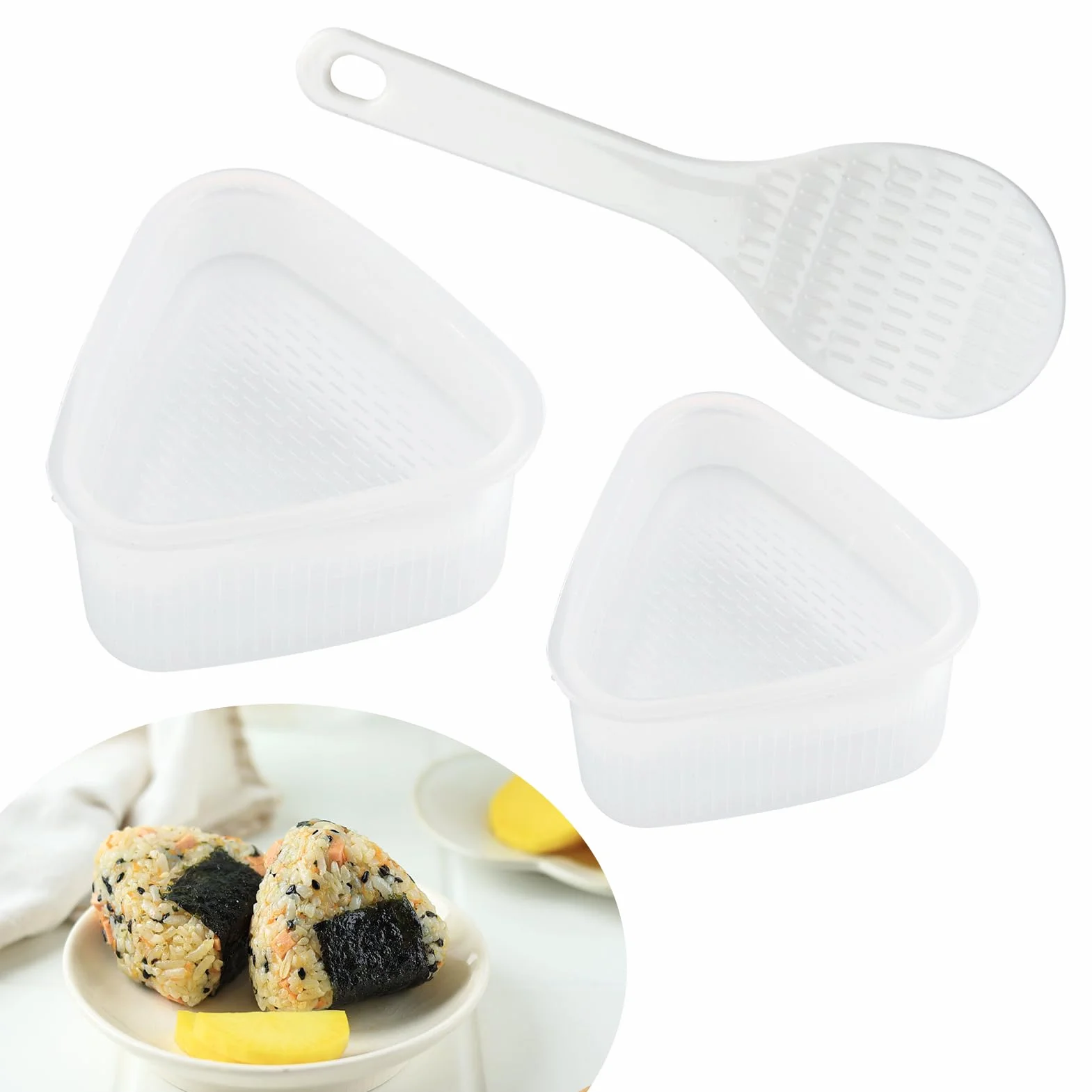 Zestaw 2 trójkątnych foremek do sushi Onigiri z łyżką do ryżu, nieprzywierająca forma, zestaw do sushi