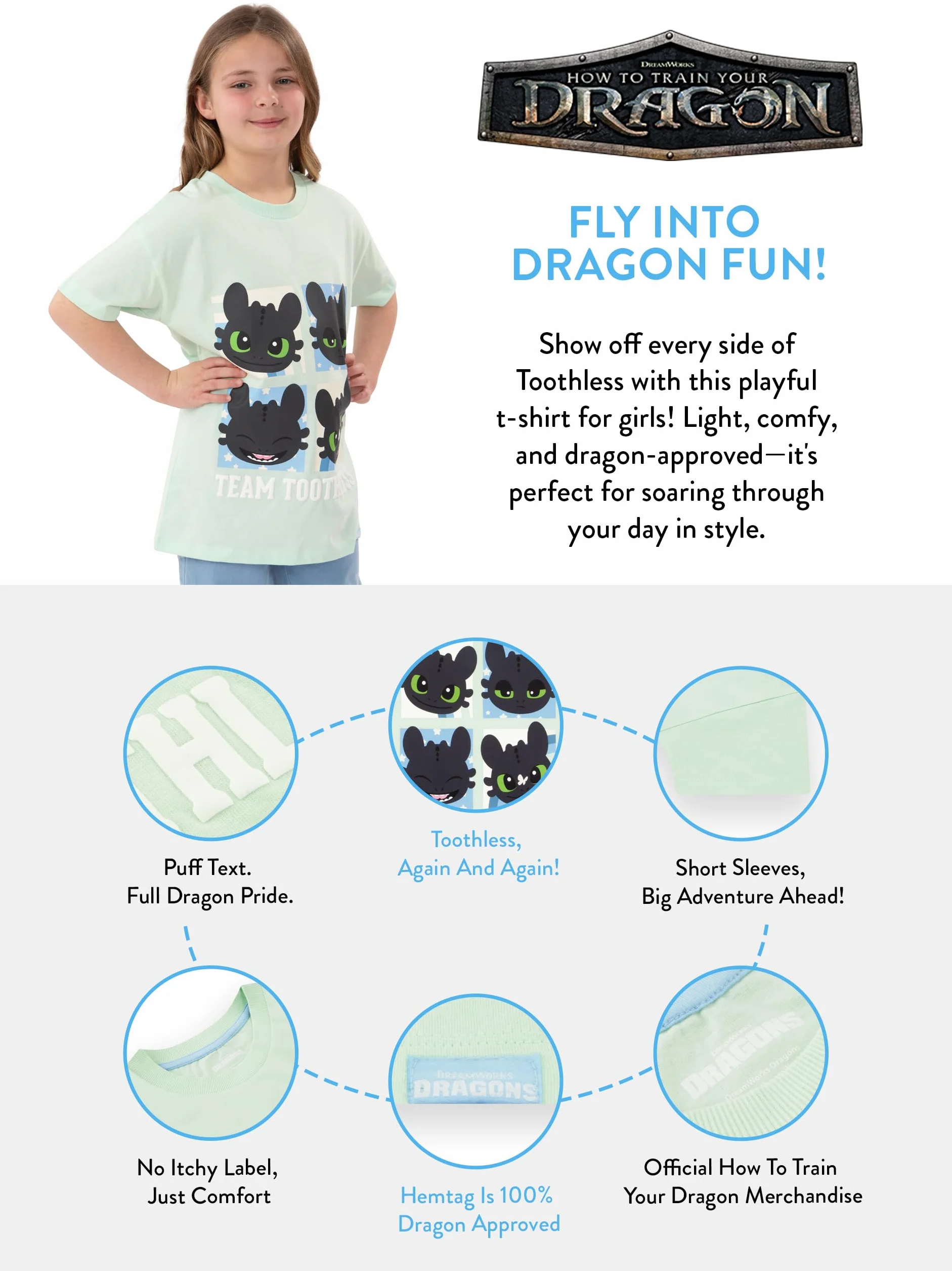 How To Train Your Dragon Dziewczęca Koszulka, Zielona Koszulka Z Szczerbatkiem, 100% Bawełna T-Shirt