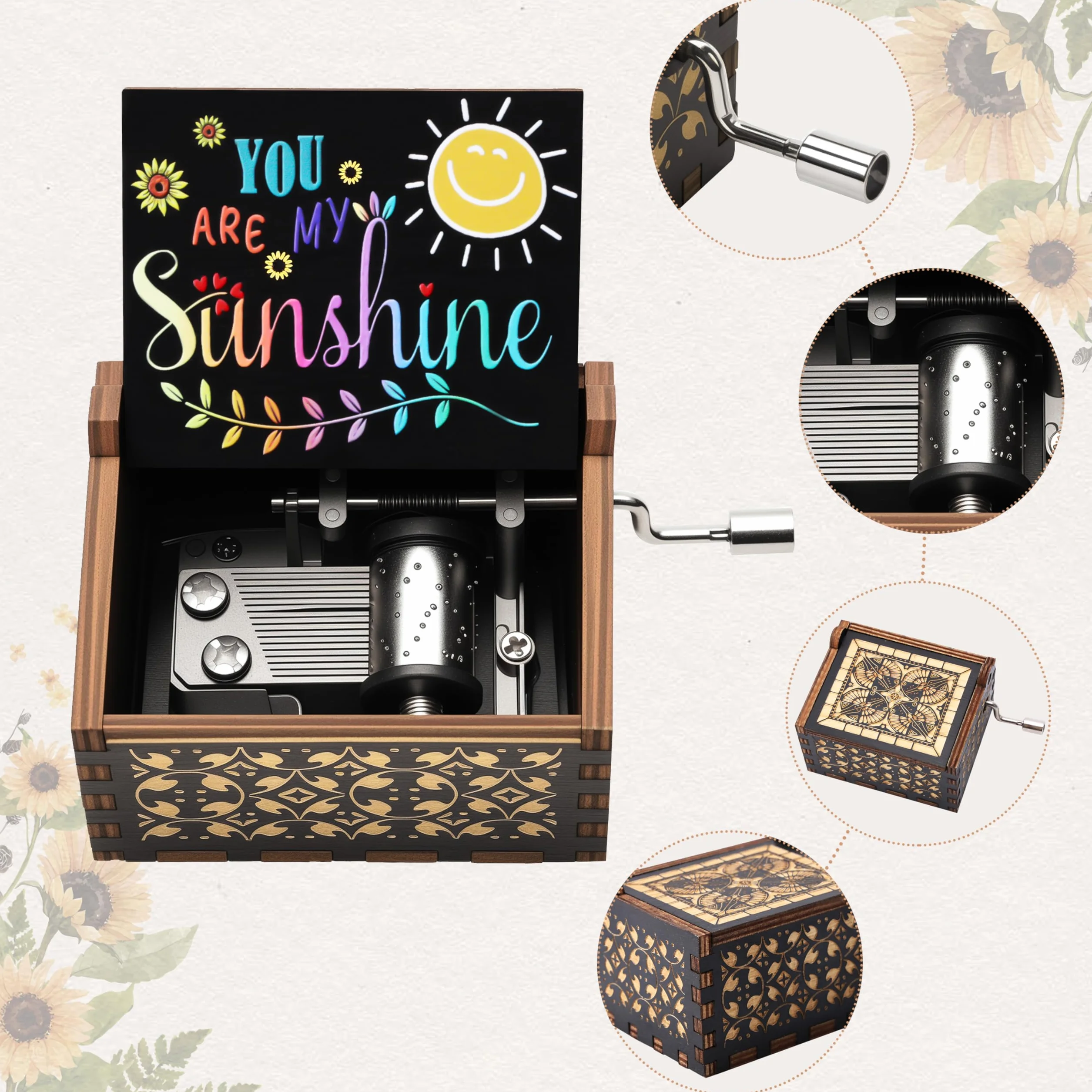 Drewniana pozytywka grawerowana laserowo vintage drewniana korba ręczna czarne pozytywki rocznica urodziny dla dzieci przyjaciół rodziny, You Are My Sunshine