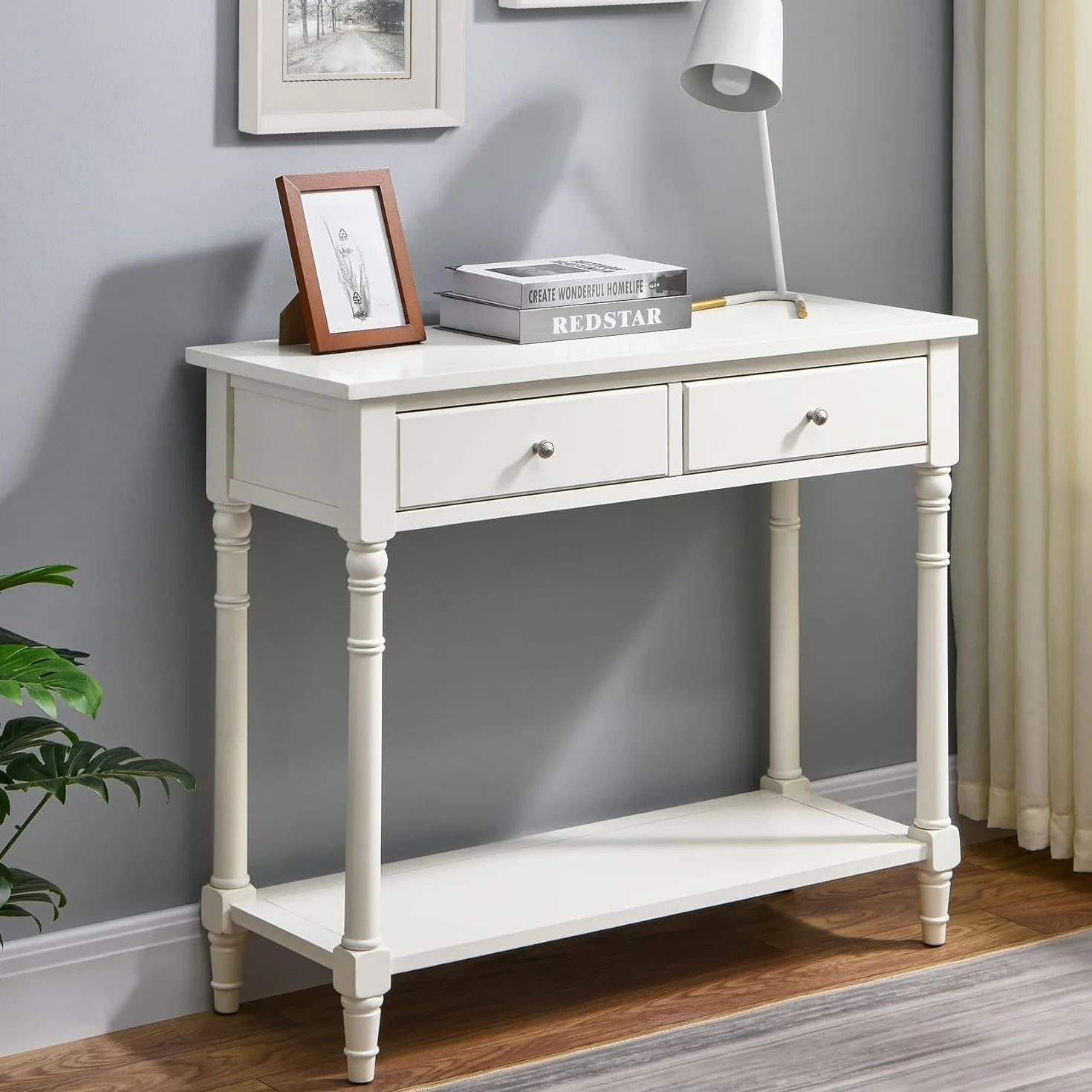 PADMA HOUSE Stolik konsolowy z 2 szufladami 90 x 35 x 76,5 cm retro biały