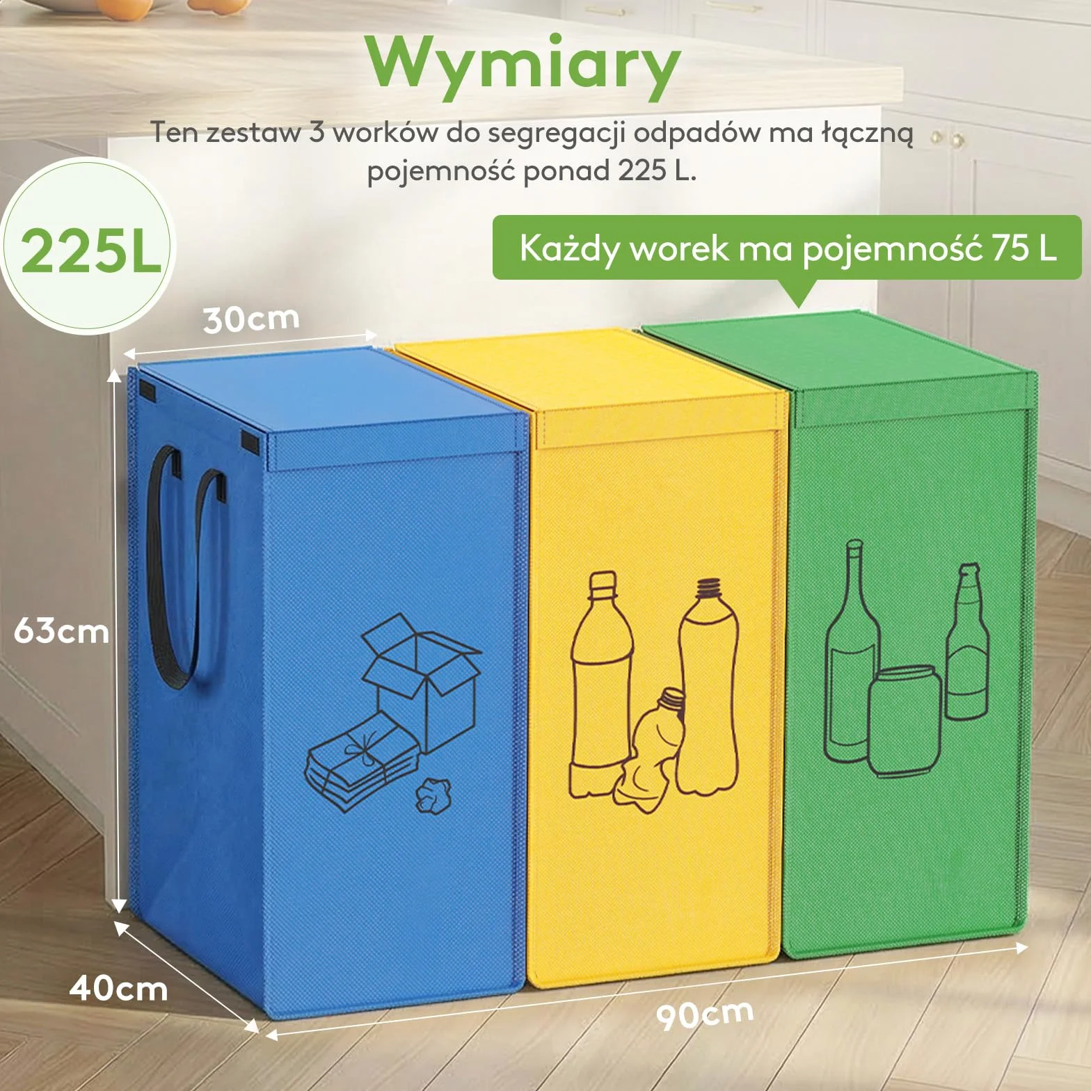 Lifewit System segregacji śmieci 3 przegródki 3 x 75 l pojemnik na odpady papier szkło plastik