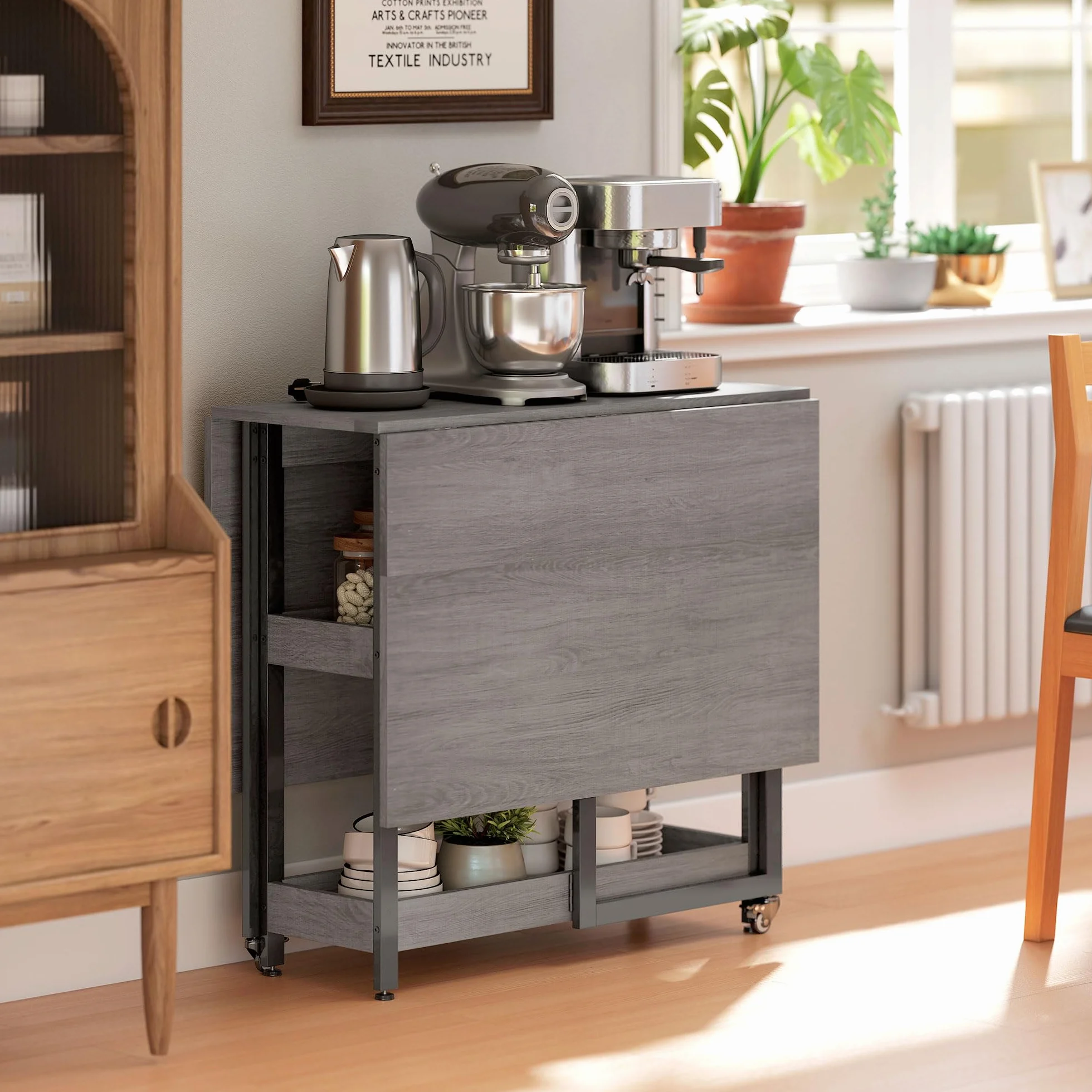 HOMCOMStół do jadalni, składany kuchenny dla 2-4 osób, z 2 otwartymi półkami, stół kuchenny z rolkami, do małych pomieszczeń, 133,4 x 80 x 75 cm, szary