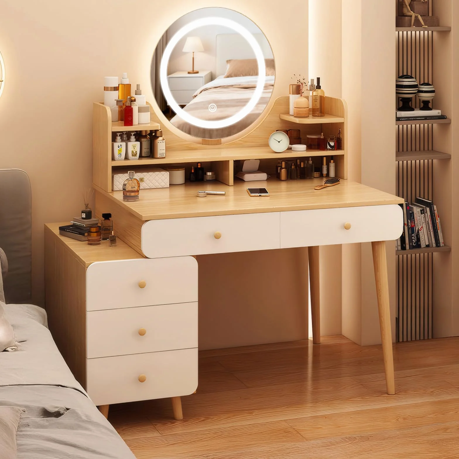 Toaletka z lustrem LED, stolik do makijażu z 5 szufladami i 6 półkami do przechowywania, 40 x 80 x 134 cm, toaletka z wysuwanym schowkiem, nowoczesny styl drewniany, biała