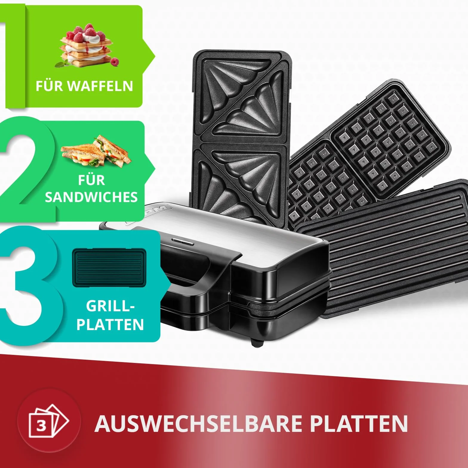 MPM - MOP 43M – Opiekacz kuchenny 3 w 1 - Opiekacz do kanapek + grill + gofrownica - Na 4 trójkątne kanapki lub 2 gofry – Wymienne płyty z nieprzywierającą powłoką - 1000 W - Termostat