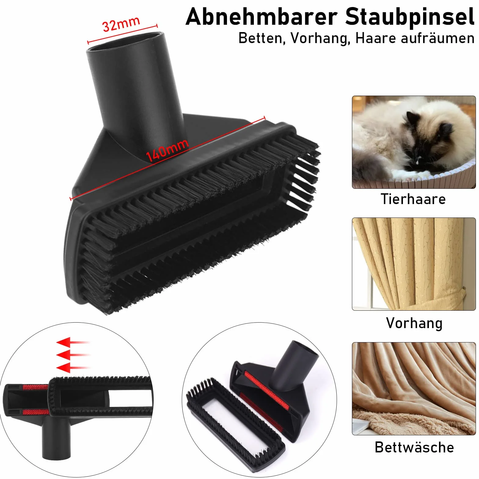 Wiseten Zestaw Szczotek i Dysz do Odkurzaczy, 6 sztuk Uniwersalna Ssawka do Tapicerki Ssawka do Materacy Ssawka Szczotkowa z Adapterem Węża 35 mm na 32 mm Czarna z Przystawkami Shark Hoover