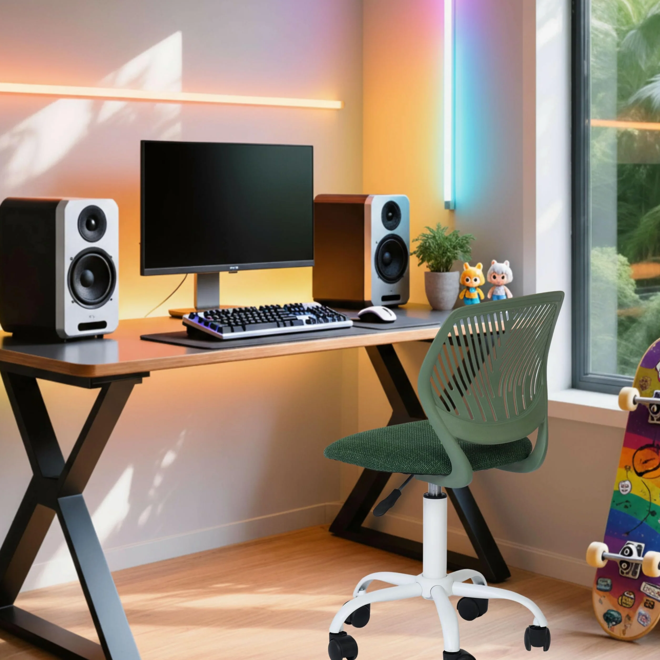 FurnitureR Krzesło gamingowe dla dzieci, krzesło biurowe, krzesło dla graczy, ergonomiczne, nowoczesne wzornictwo, bez rękawów, regulacja wysokości siedziska, gumowe kółka, zielone