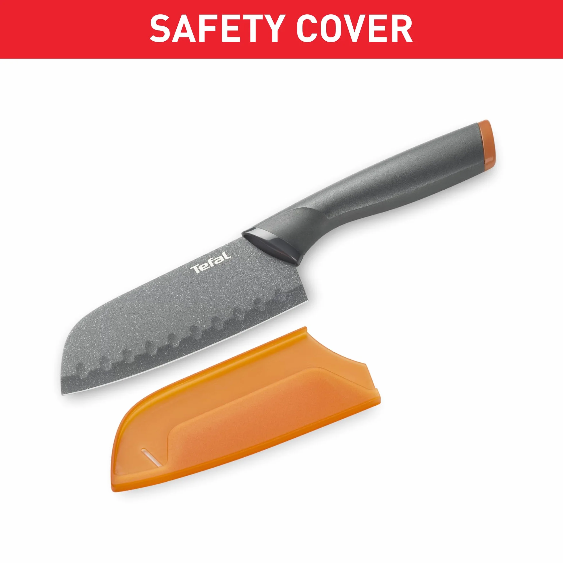 Tefal Fresh Kitchen nóż Santoku 12 cm stal nierdzewna powłoka zapobiegająca przywieraniu antracyt pomarańczowy