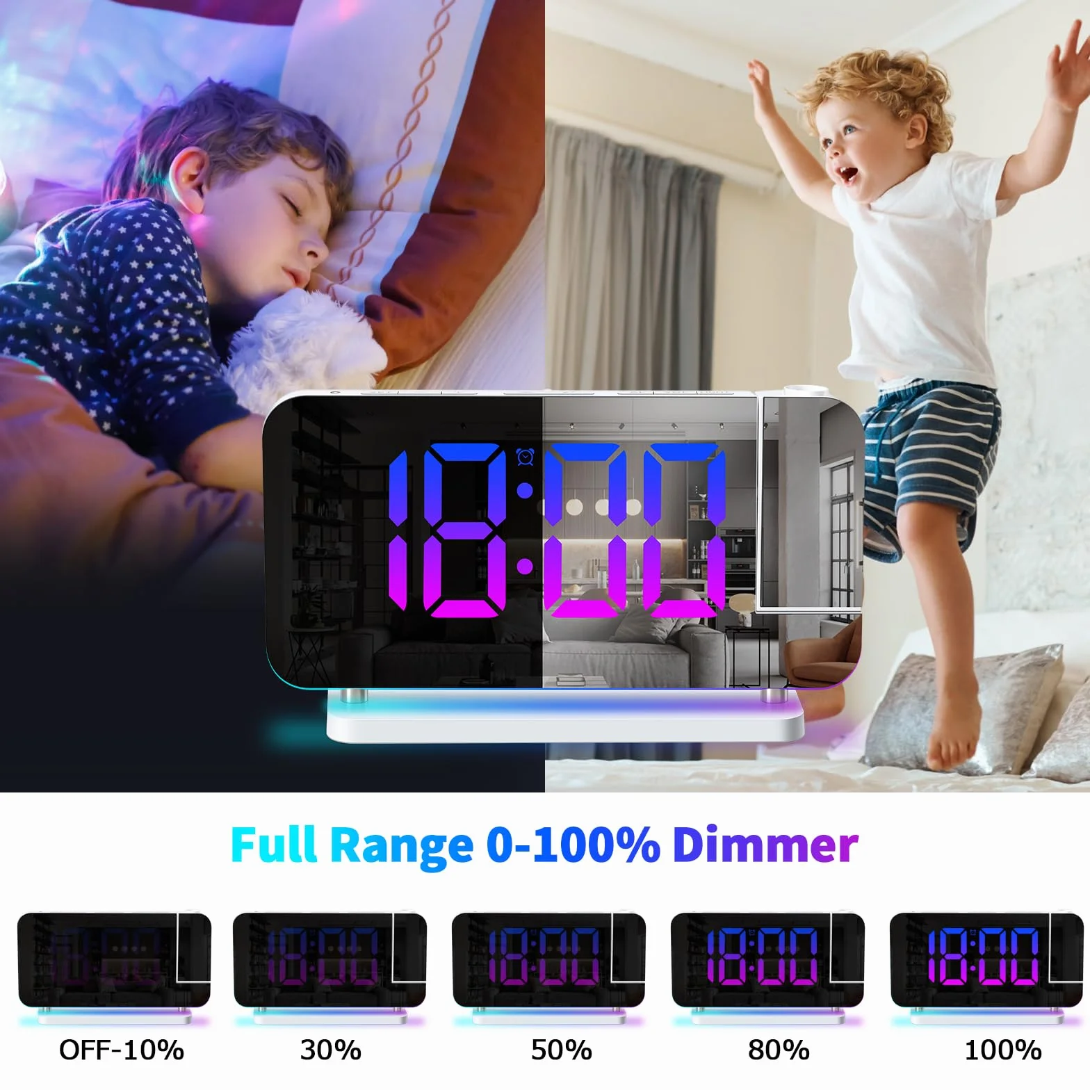 ThreeH Budzik LED RGB z projektorem lustrzany Auto Dimming podwójny port USB lampka nocna