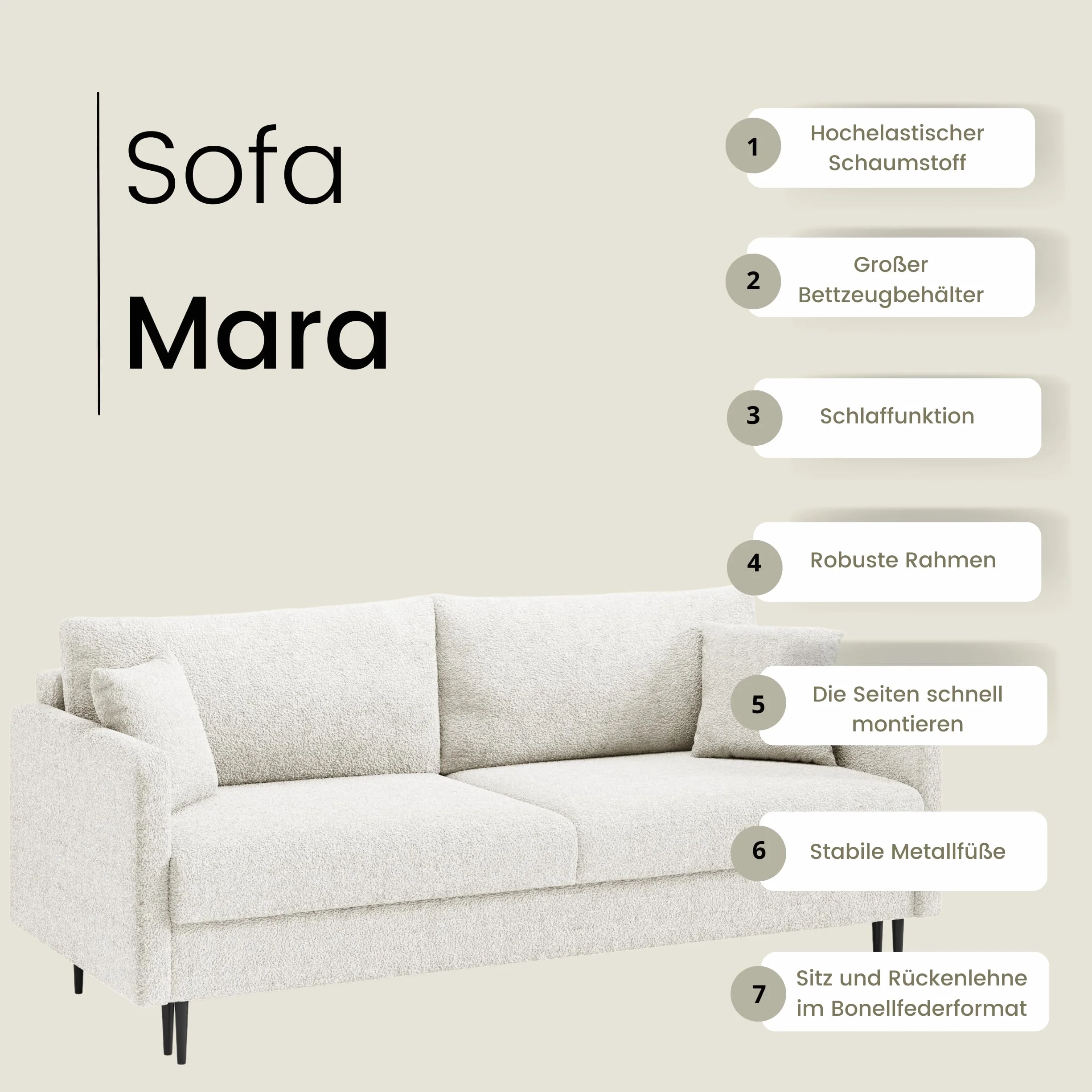 LIKMA Rozkładana Kanapa Mara Kremowa 209x93x92 cm z Funkcją Spania, Pojemnikiem na Pościel, Sofa w Tkaninie Lambi
