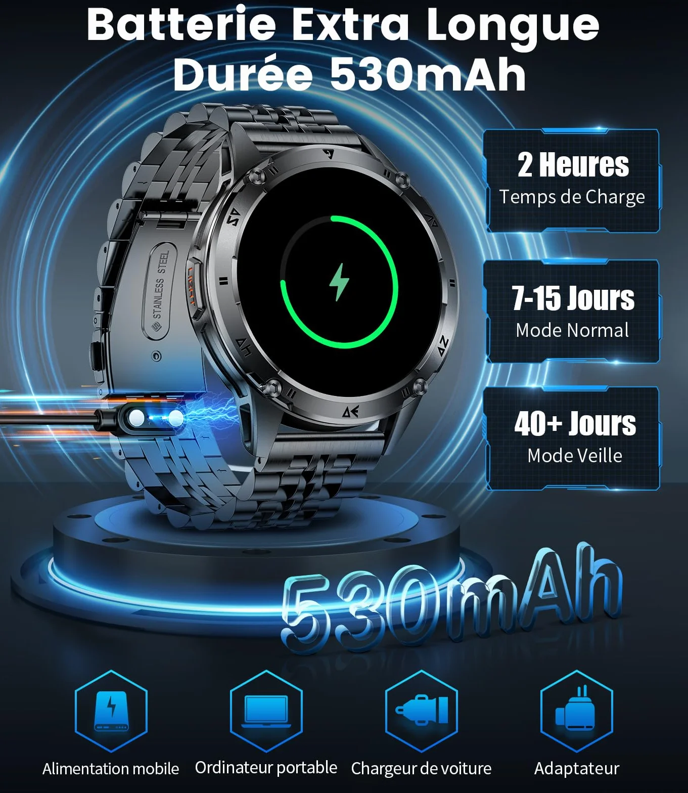 LIGE Smartwatch męski 1,43" AMOLED ekran dotykowy / akumulator 530 mAh zegarek sportowy męski z latarką/110+ trybów sportowych, wodoszczelność IP68, zegarek fitness z pulsometrem 24/7, monitor snu dla