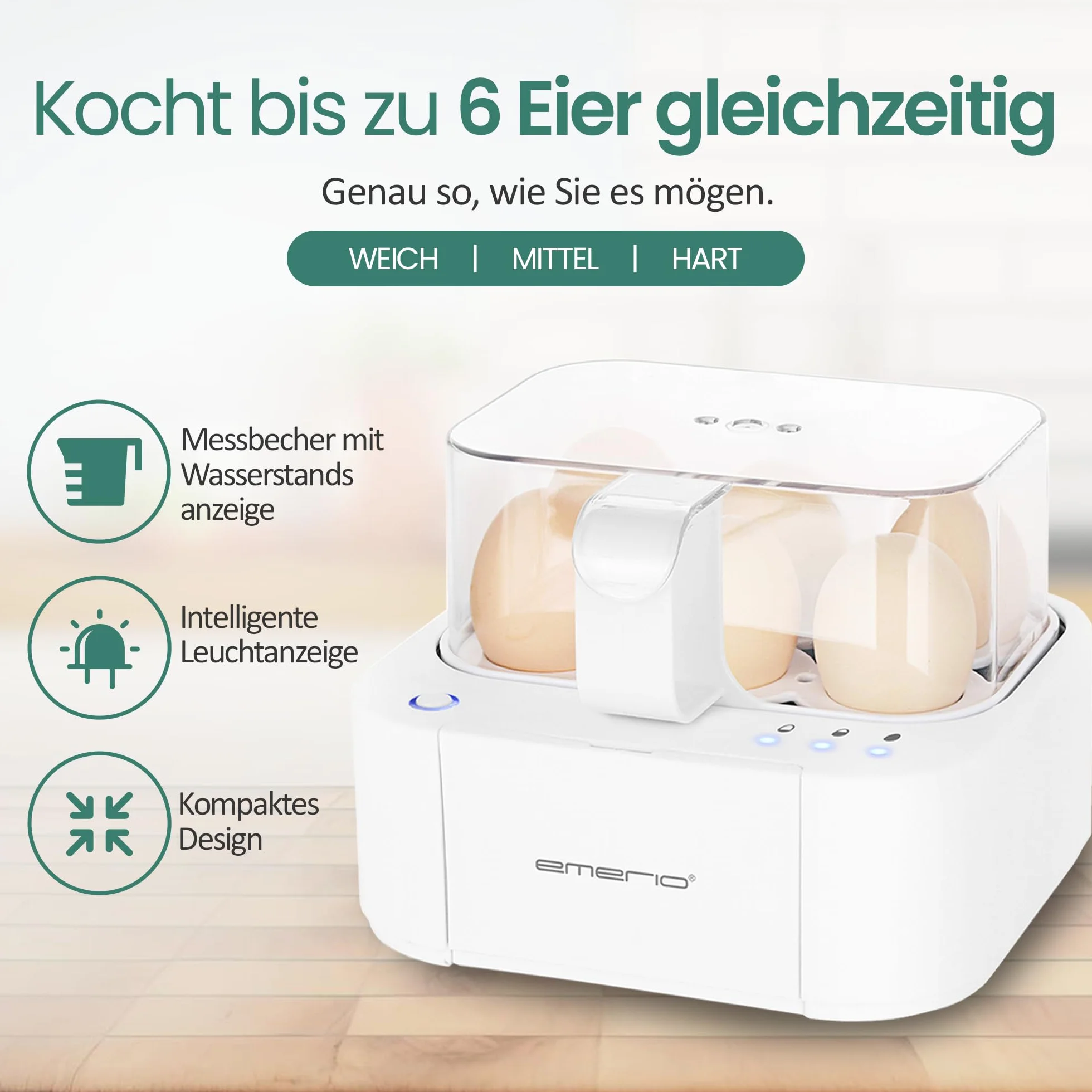Emerio doskonała, unikalna kuchenka do jajek gotuje wszystkie trzy poziomy gotowania [soft|medium|hard] w jednym procesie gotowania z doskonałymi wynikami i wielojęzycznym głosem w DE EN FR PL