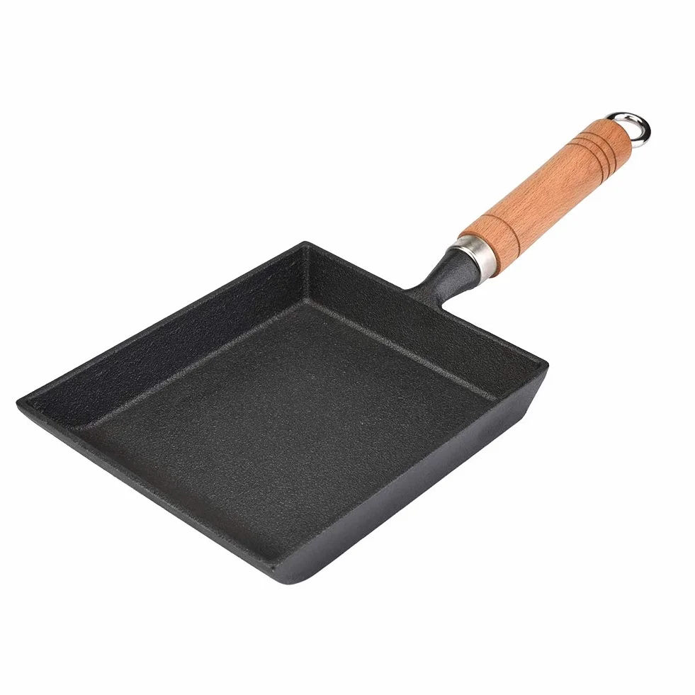 ASHATA Japońska Mini Tamagoyaki Omlet Patelnia do jajek Kwadratowa patelnia żeliwna prostokątna patelnia z drewnianym uchwytem, nieprzywierająca (37 x 15,5 cm/14,6 * 6,1 cala)
