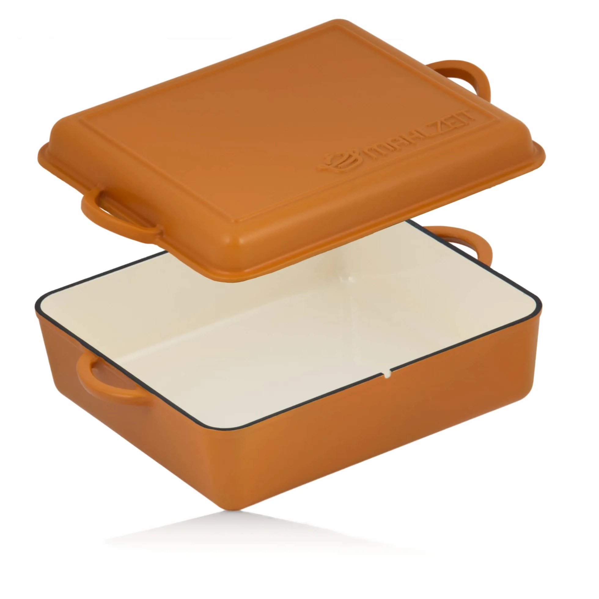 Mahlzeit Żeliwo emaliowane naczynie do pieczenia | 10,5 litra | Sunny Orange | brytfanna 2 w 1 z patelnią | brytfanna z pokrywką nadaje się do piekarnika, emaliowania, do duszenia, żeliwa