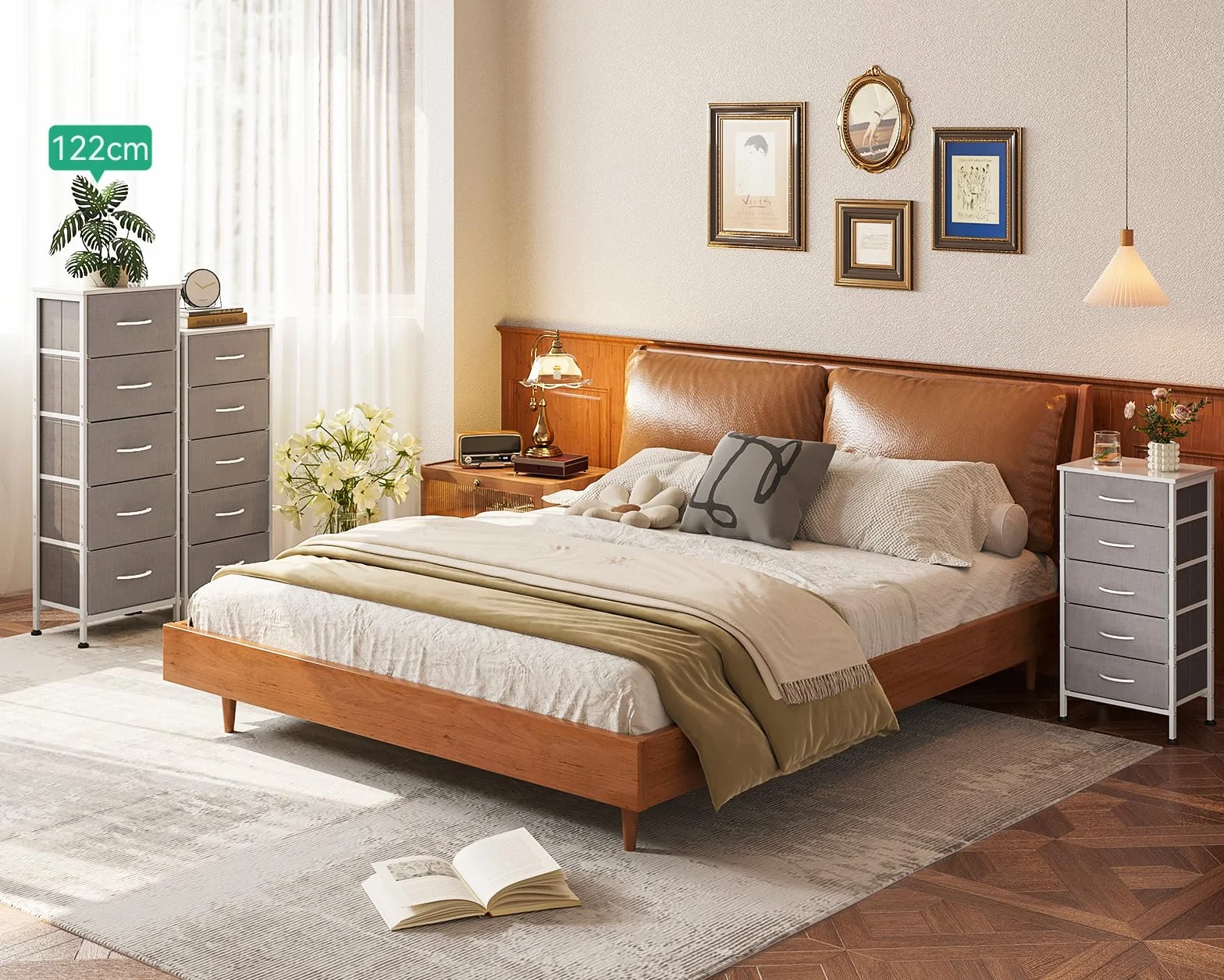 Coleshome Komoda do sypialni z 5 szufladami tkanina jasnoszara