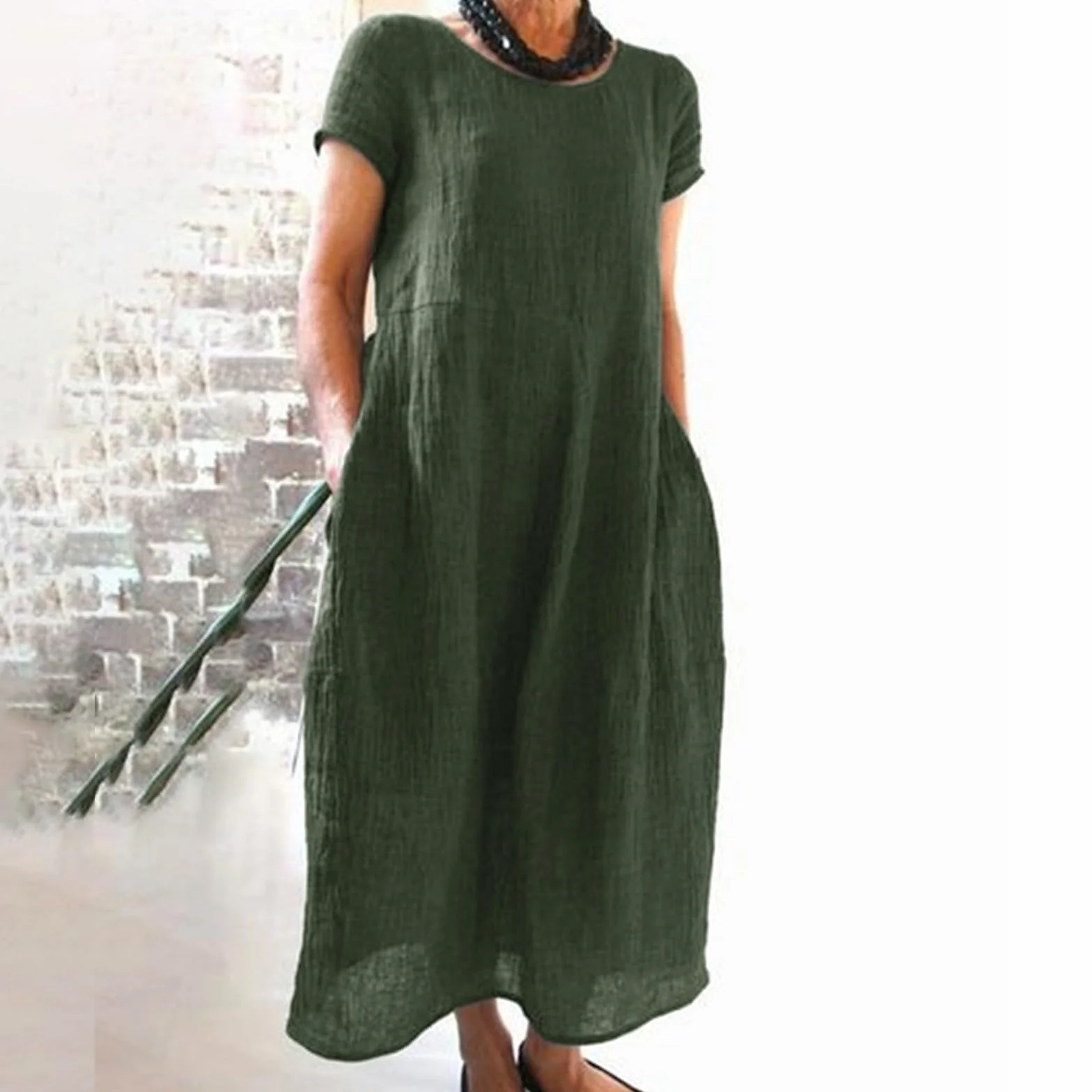 Letnia Sukienka Damska 2026, Wygodna, Luźna, Gładka, Krótkim Rękawem, Bawełniana, Długa, Casual Oversize Fashion Dress