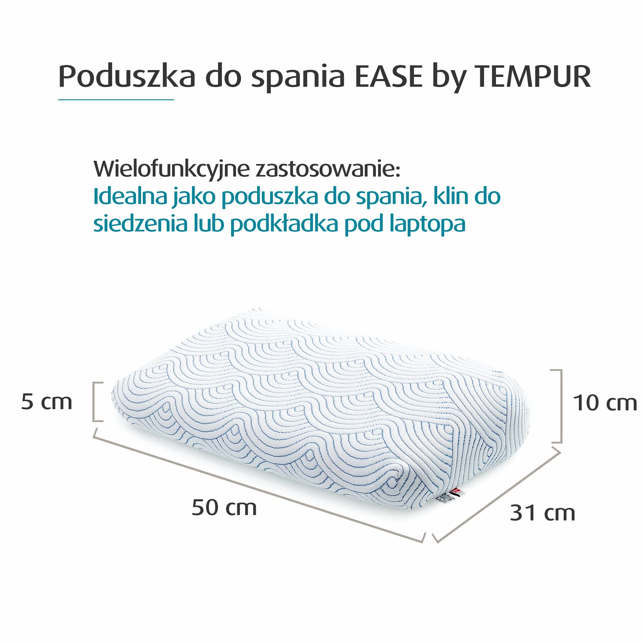 TEMPUR EASE poduszka do spania z pianki z pamięcią kształtu, ergonomiczna poduszka podpierająca kark dla każdej pozycji spania, twarde odczucie, 50 x 31 x 10/5 cm, biała