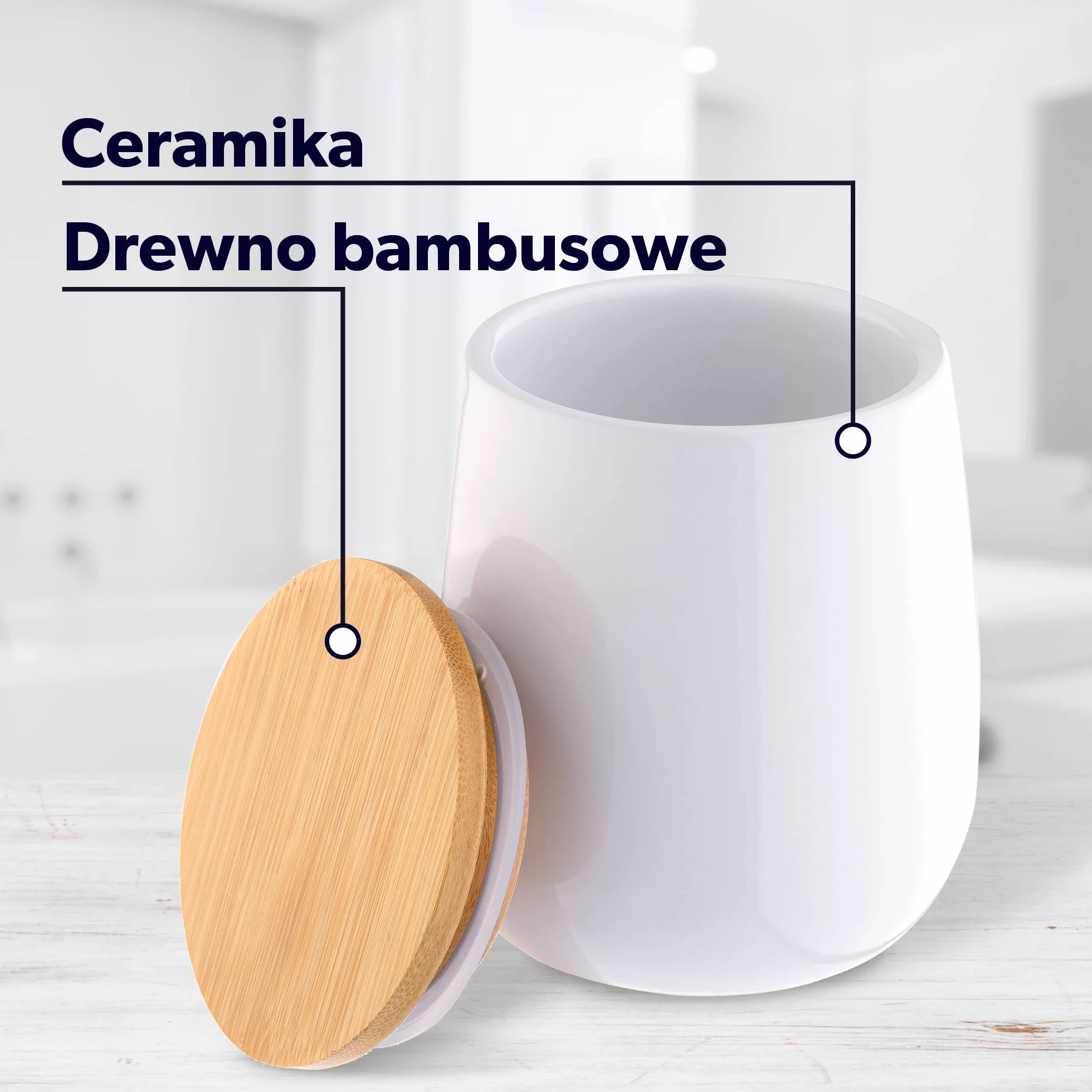 KADAX Pojemnik łazienkowy ceramiczny biały z bambusową pokrywką, szczelne zamknięcie ogranicza wilgoć, zmywalna powierzchnia, na waciki kosmetyczne, patyczki i drobiazgi do łazienki
