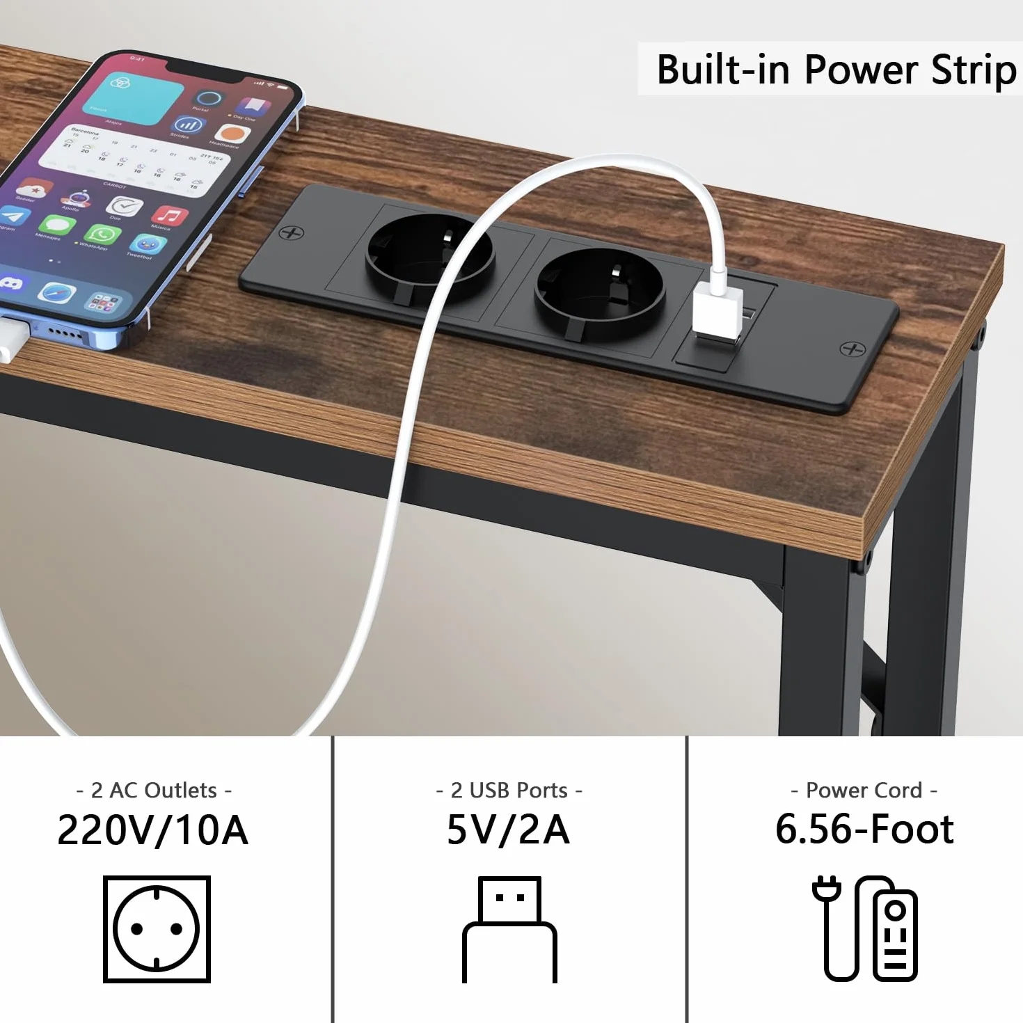Vedecasa zestaw 2 konsol o szerokości 15 cm z gniazdkiem i portami USB, wąski stolik pomocniczy lub stolik za kanapę, do przedpokoju, salonu, korytarza i biura, ze stabilną stalową konstrukcją