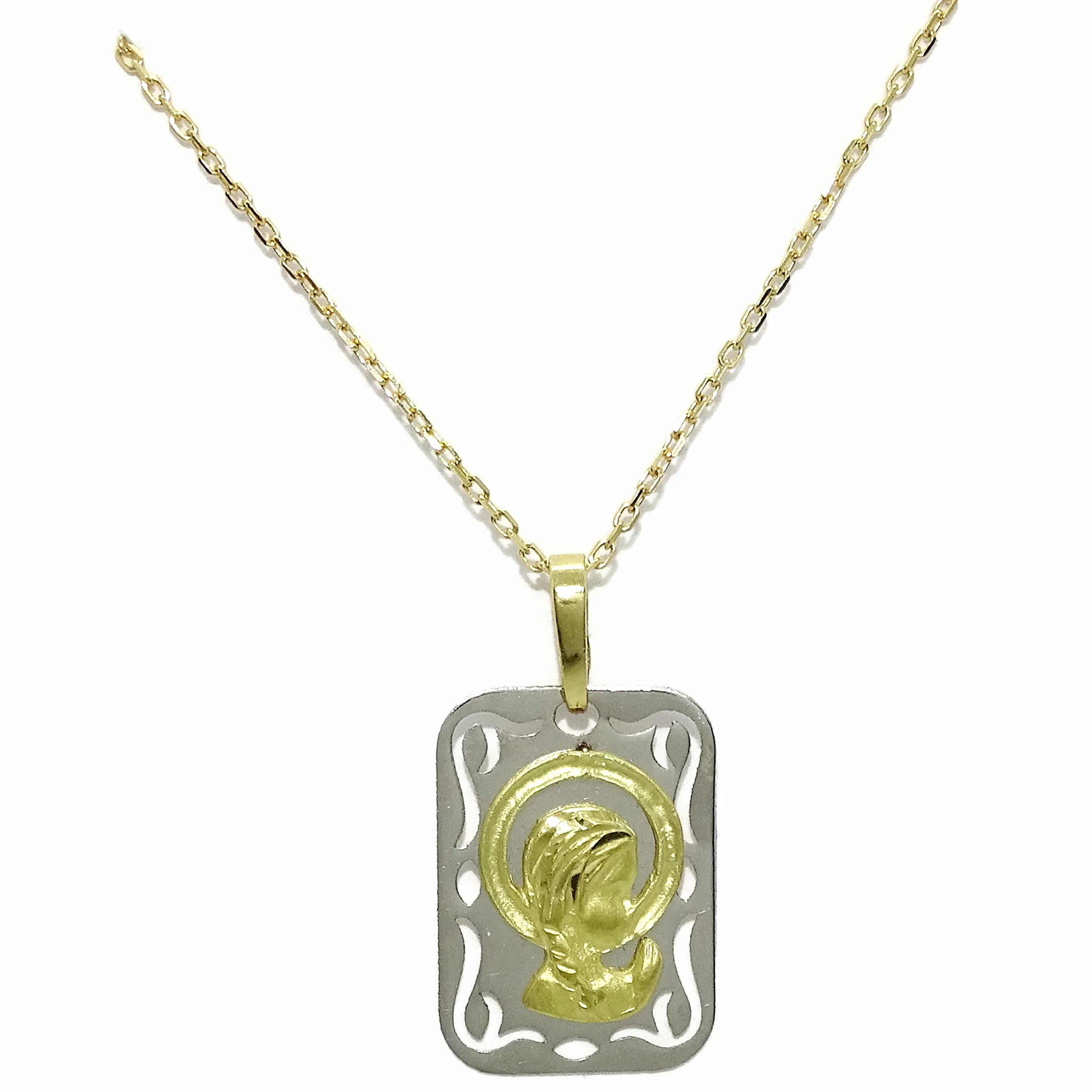 Naszyjnik i Medalion Maryja Panna Złoto 18K Kobieta | Wisiorek katolicki i włoski łańcuszek z ogniwami 45 cm | 3,15g Dwukolorowe złoto | Biżuteria | Religijny Prezent Chrzest Komunia Dziewczyna |