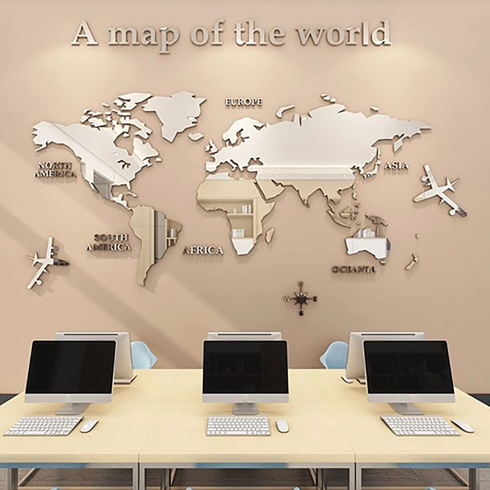 Pegatinas 3D Mapa del Mundo - Murales Decorativos de Pared para Oficina, Dormitorio, Sala - Calcomanía DIY Acrílica Negra 47,24 Pulgadas