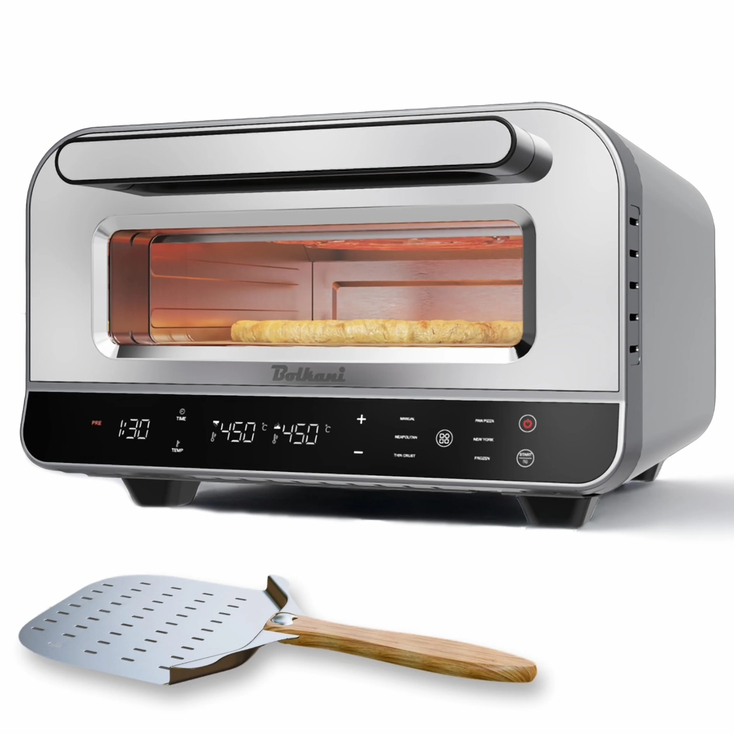 Elektryczny piec do pizzy 1700 W 450 °C z kamieniem i łopatką, timer, oświetlenie wewnętrzne, szary