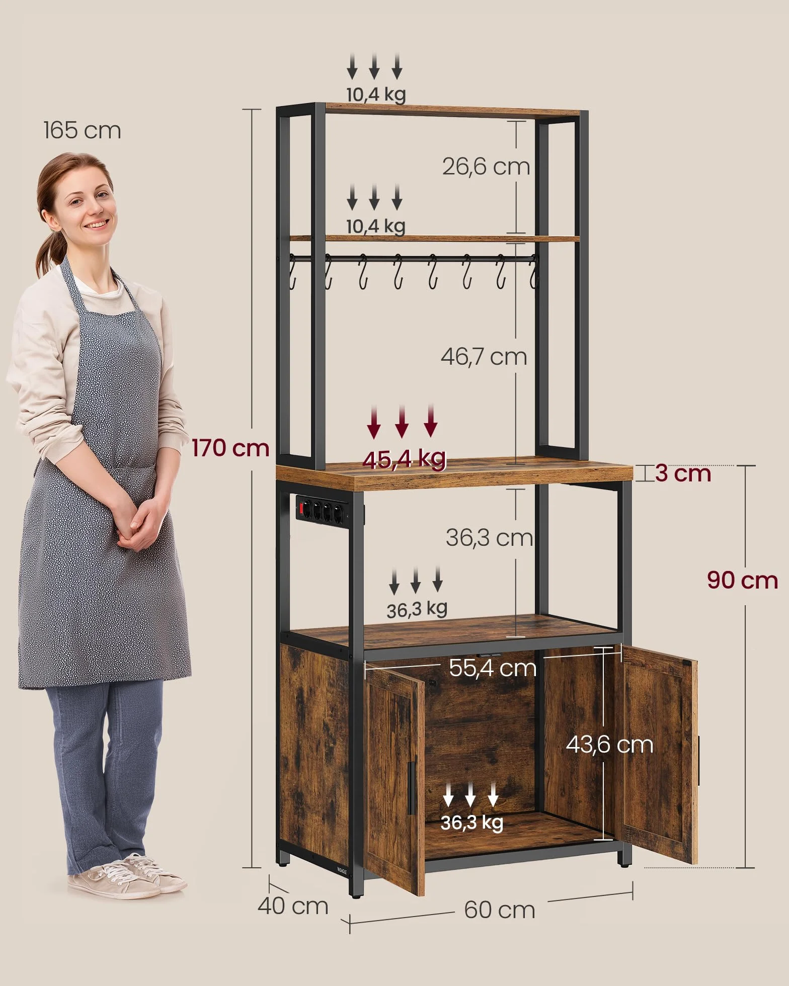 VASAGLE Półka kuchenna z listwą zasilającą 90 cm 40 x 60 x 170 cm rustykalny brąz i atrament czarny