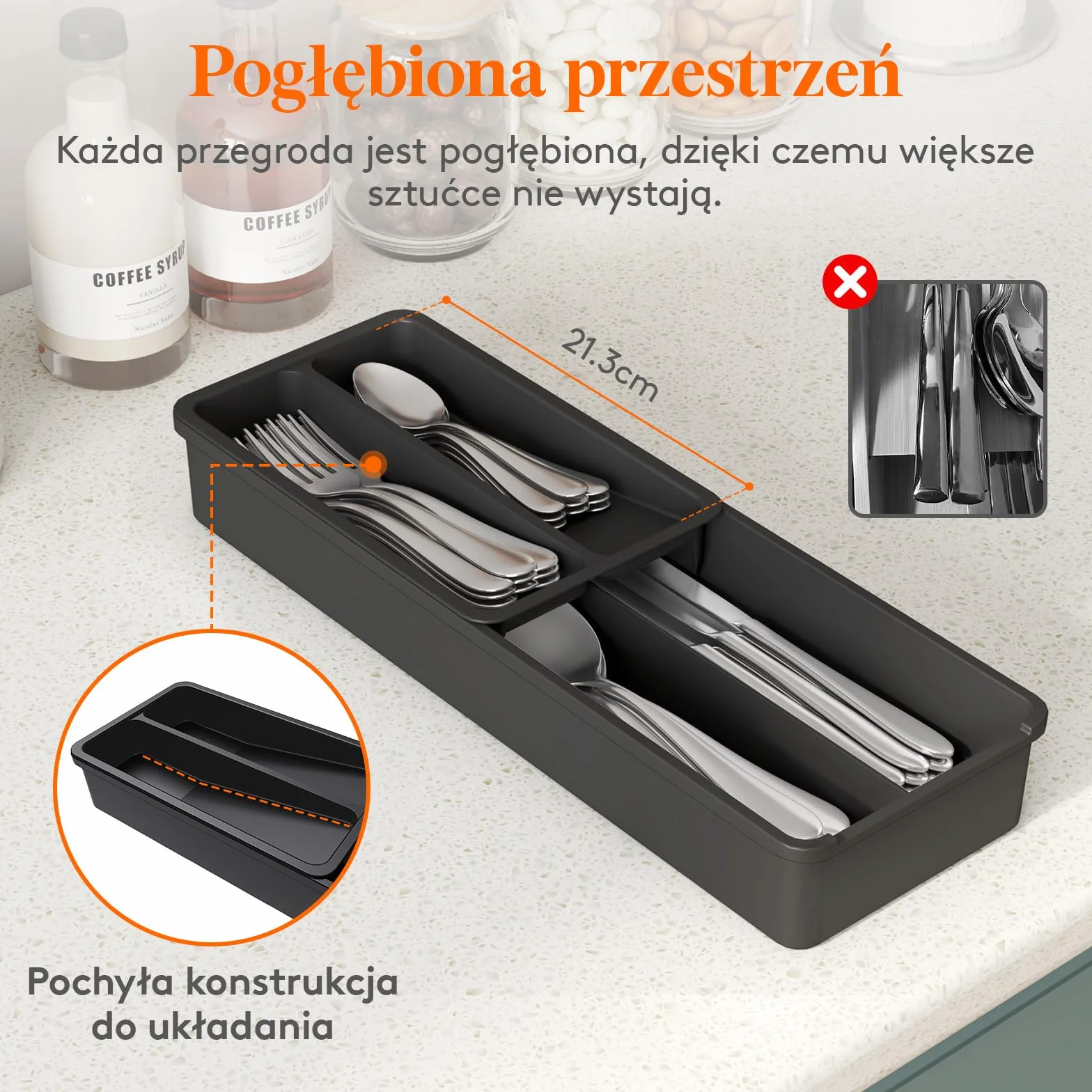 Lifewit 2 szt. kompaktowy pojemnik na sztućce, 42 x 14,5 x 6 cm, szuflada z 4 półkami i koszem na sztućce, kolor czarny