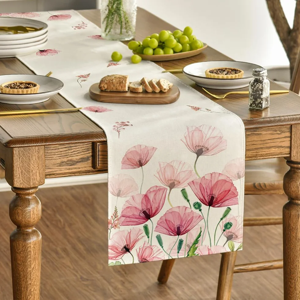 Artoid Mode Liść maku, wiosenny bieżnik na stół, lato, sezonowy, dekoracja stołu kuchennego, na urlop, imprezę, 40 x 100 cm