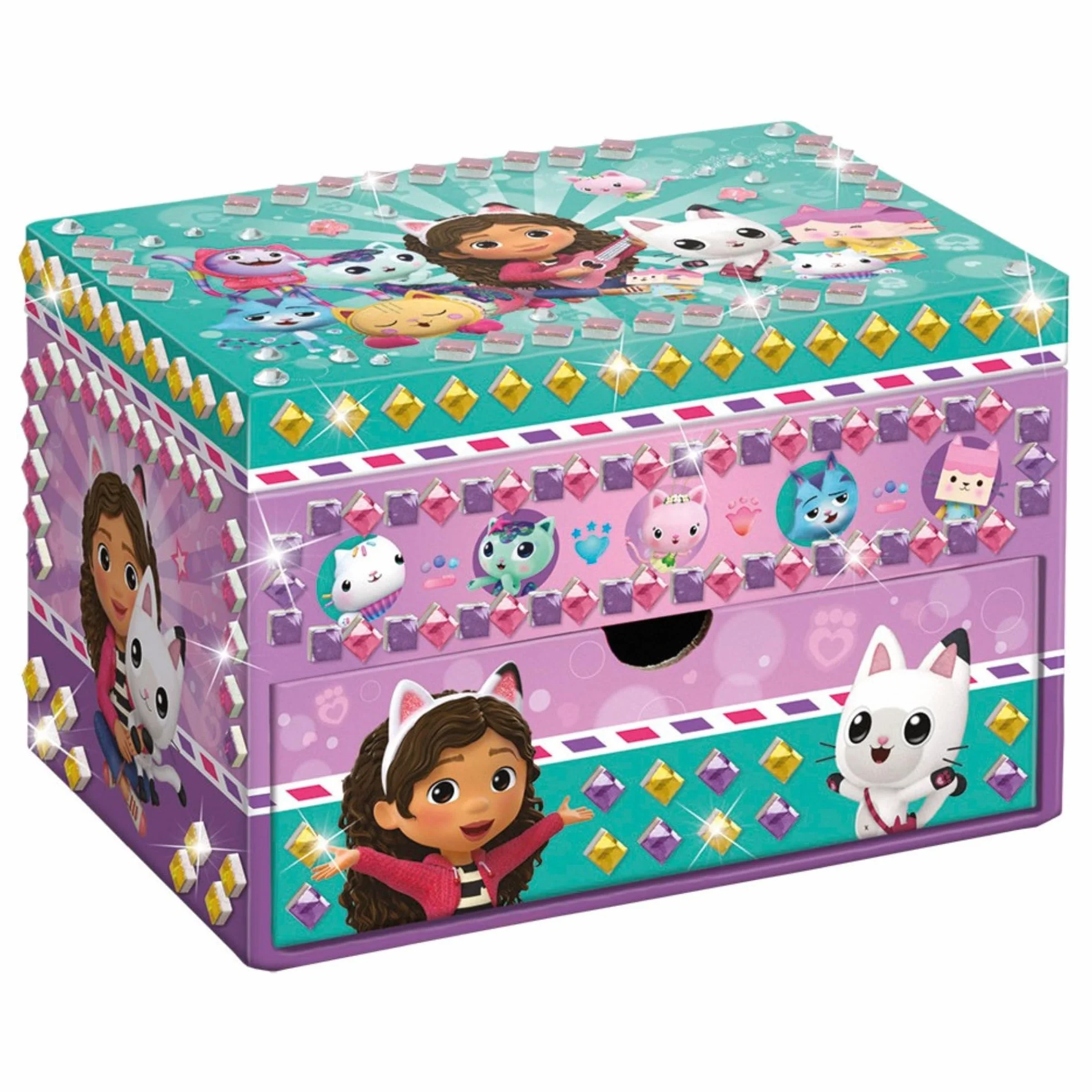 TM ESSENTIALS Gabby's szkatułka na biżuterię dla dzieci w kolorze różowym, złotym, fioletowym i zielonym, z szufladą, motyw Netflix Gabby's Dollhouse, dla dziewczynek, Groß, materiał tworzywo sztuczne