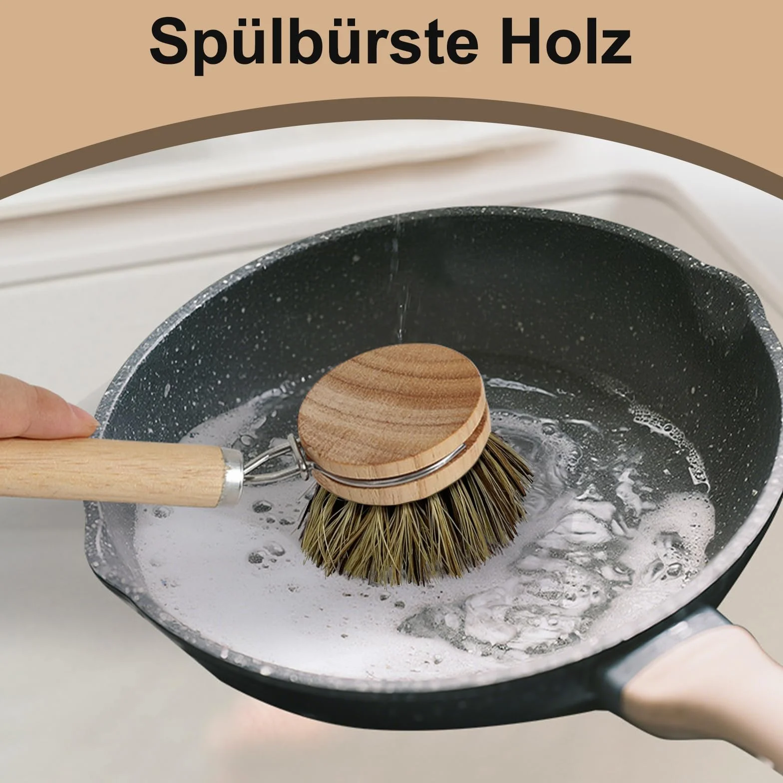 Szczotka do mycia naczyń drewniana z zapasową głowicą i stojakiem, włosie naturalne