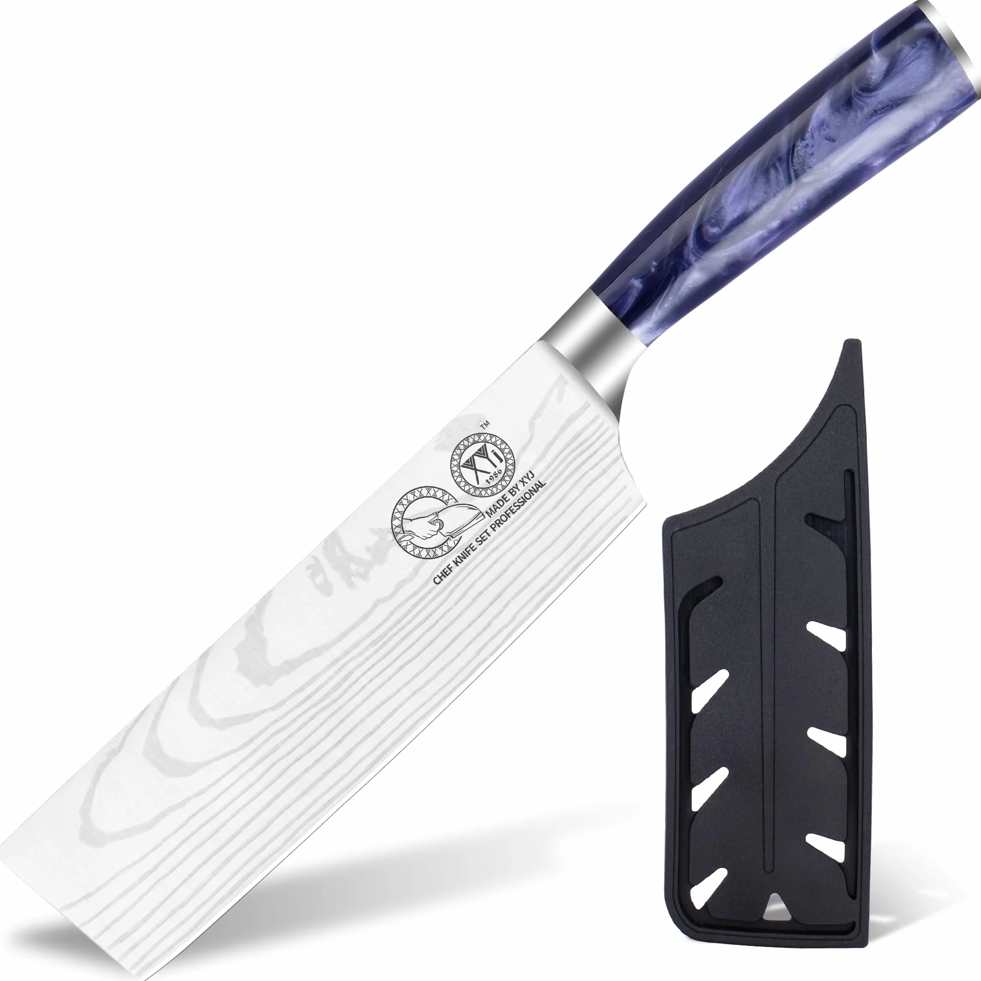 XYJ Authentic Since 1986,7 Inch Japanese Nakiri Knife,Stainless Steel Kitchen Cutlery,Meat Cleaver,Laser Damacus Pattern,Slicing Chef Knife With Sleeve,Resin Handle