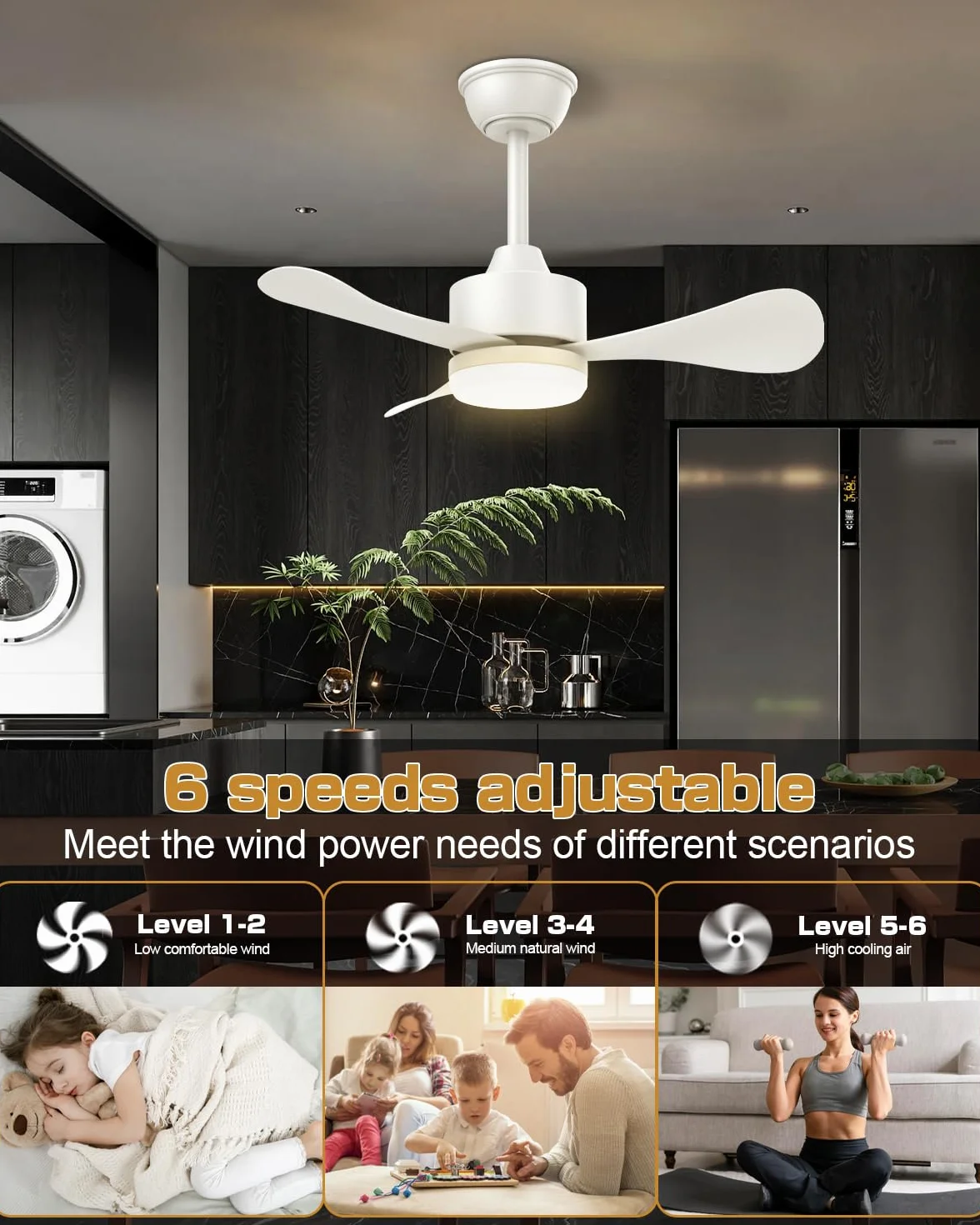 Airwit Wentylator sufitowy 71 cm LED z pilotem, cichy 3-łopatkowy silnik DC 6 prędkości