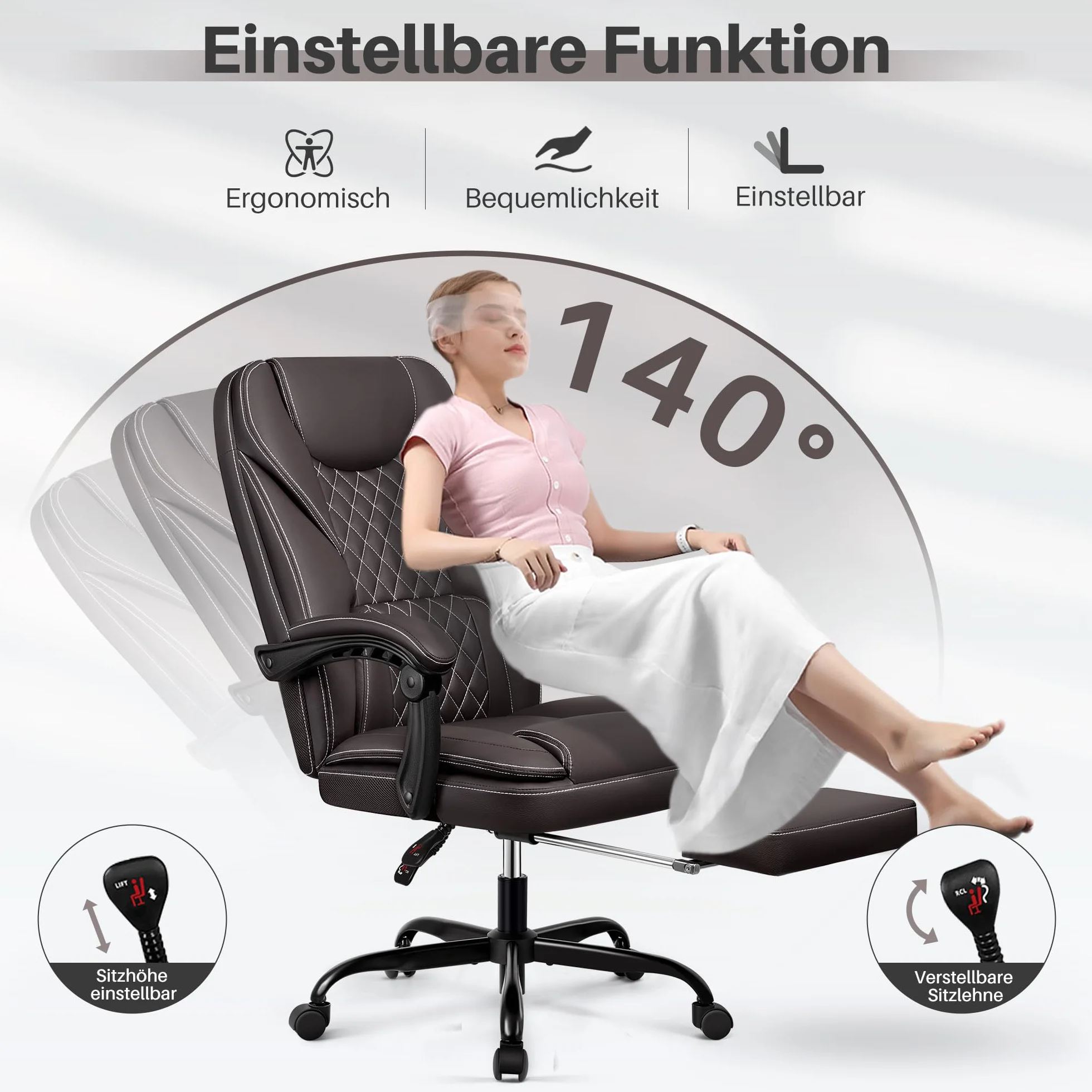 Ergonomiczne krzesło biurowe 140° z podnóżkiem, zagłówkiem, funkcja przechylania, krzesło obrotowe, fotel szefa, sztuczna skóra, 150 kg, kolor kawowy