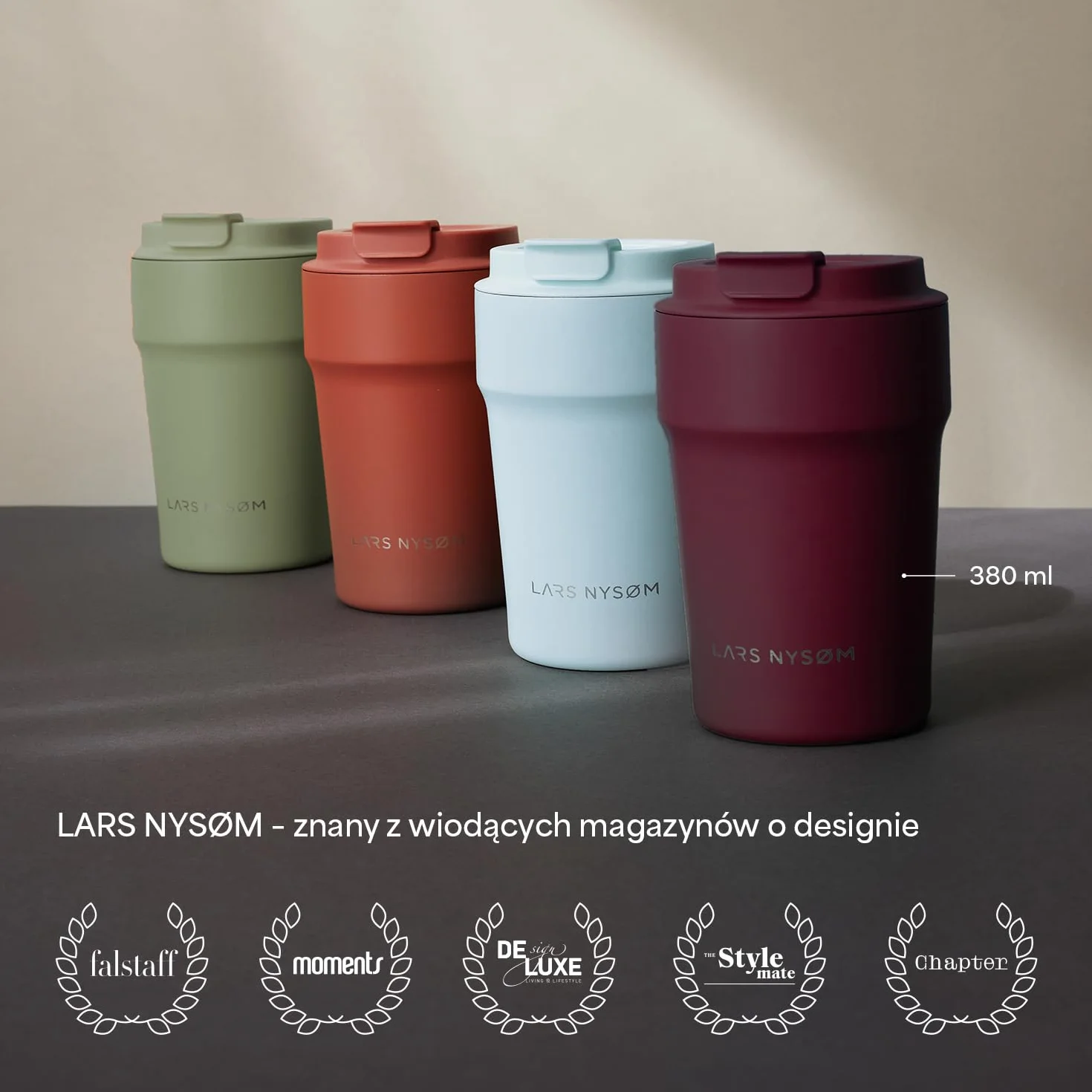 LARS NYSØM Kubek termiczny do kawy 380ml | Kubek podróżny z izolacją | Silikonowa podstawa antypoślizgowa | Szczelny kubeczek ze stali nierdzewnej do kawy i herbaty (Stone Blue - Powder, 380ml)