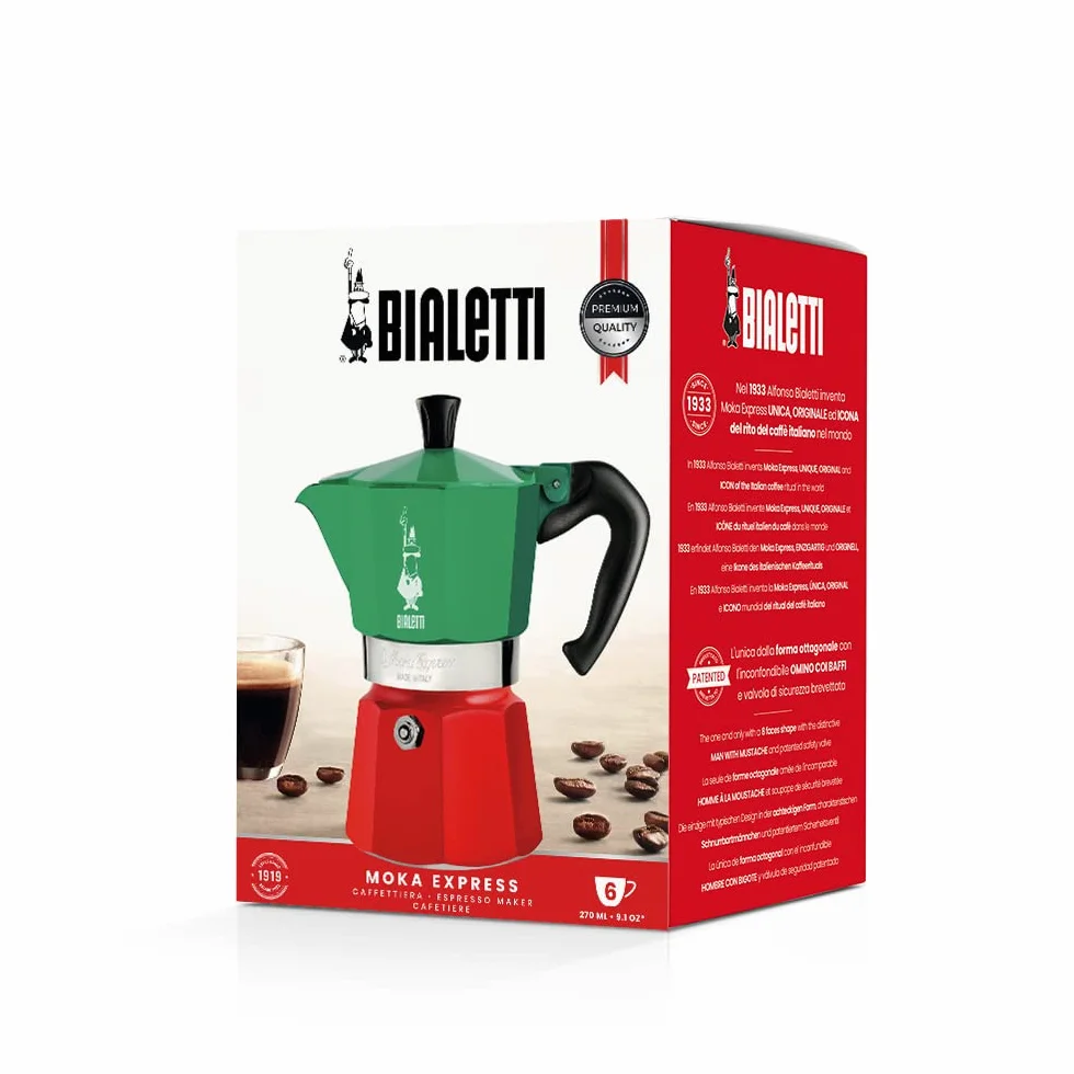 Bialetti – Moka Express Italia Collection: Klasyczna Kawiarka Do Przygotowywania Prawdziwej Włoskiej Kawy, 6 Filiżanek (270 Ml), Aluminiowa, W Kolorze Czerwonym, Zielonym, Srebrnym