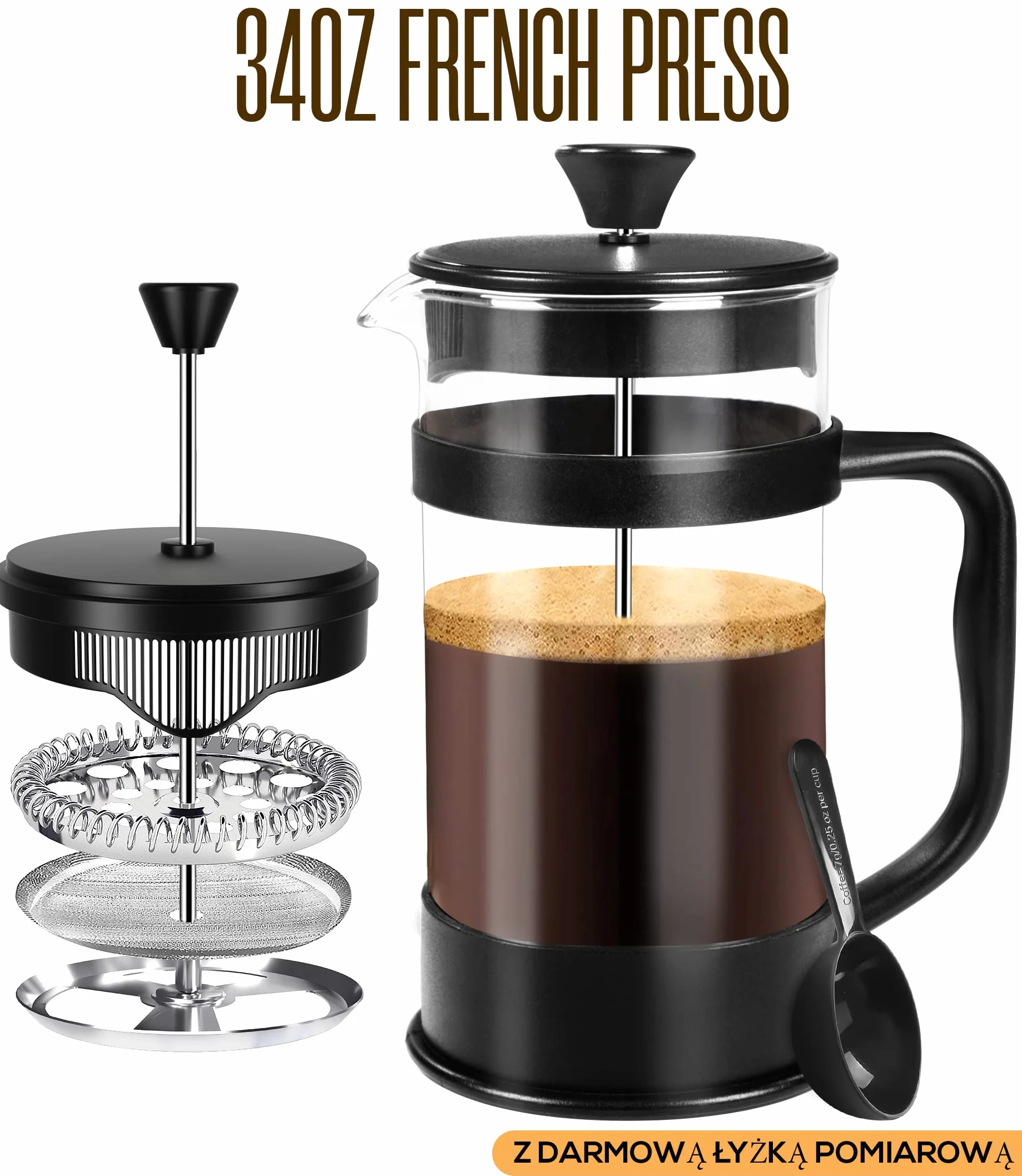 Kichly French Press Ekspres do Kawy 1000 ml Żaroodporne Szkło Stalowy Tłok