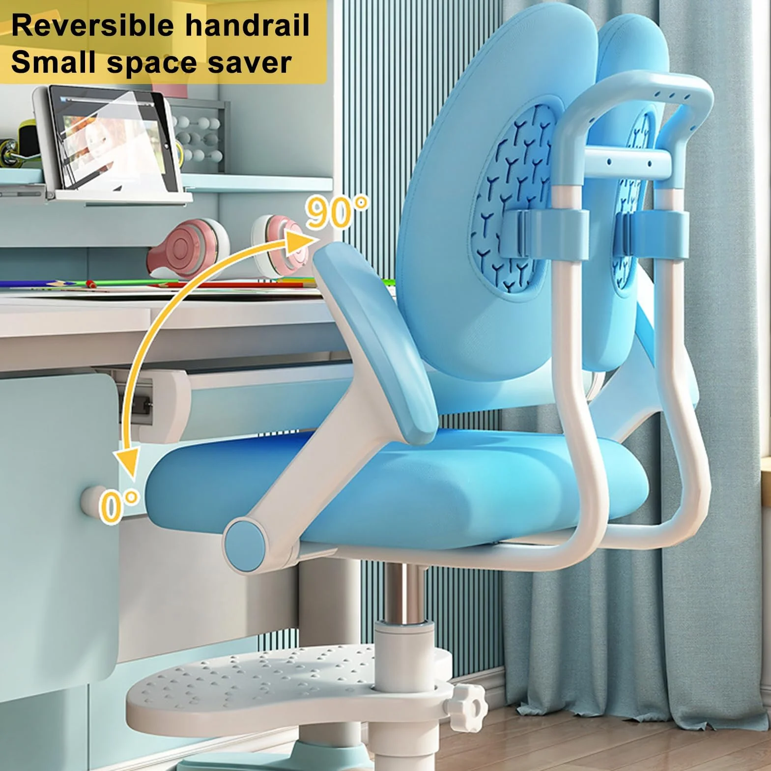 Haloppe Krzesło biurowe dla dzieci z kołami 360 stopni, ergonomiczne, samoblokujące, niebieskie