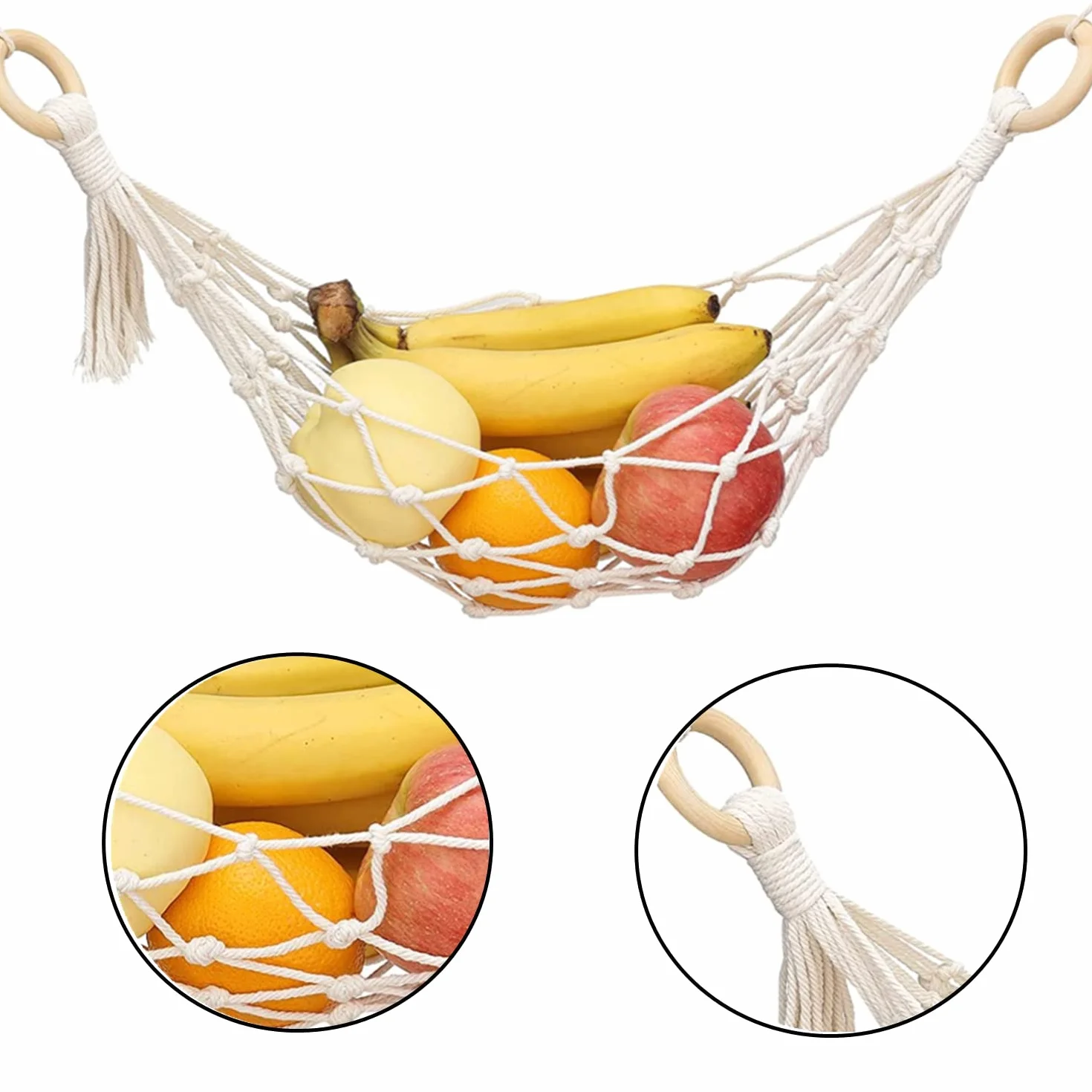 Uchwyt na owoce siatka 66 cm wiszący kosz na owoce warzywa hamak pod szafką kosz bananowy 100% bawełna ręcznie tkany z 2 haczykami śrubowymi do przechowywania w kuchni domu kamperów