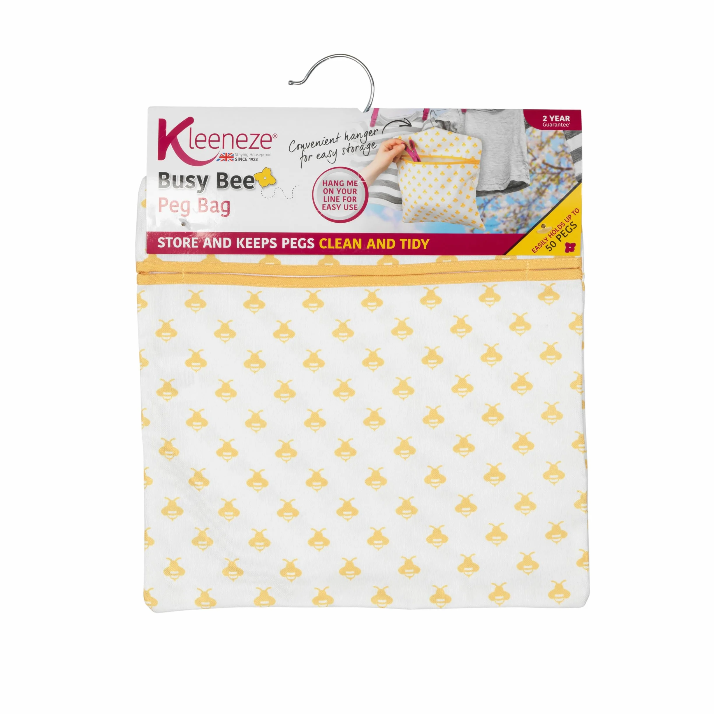 Kleeneze KL081575EU7 Zawieszany na sznurku worek na spinacze do bielizny Busy Bee | Prosty wieszak | Miesci 50 spinaczy | 33 נ30 cm | Zólty/bialy