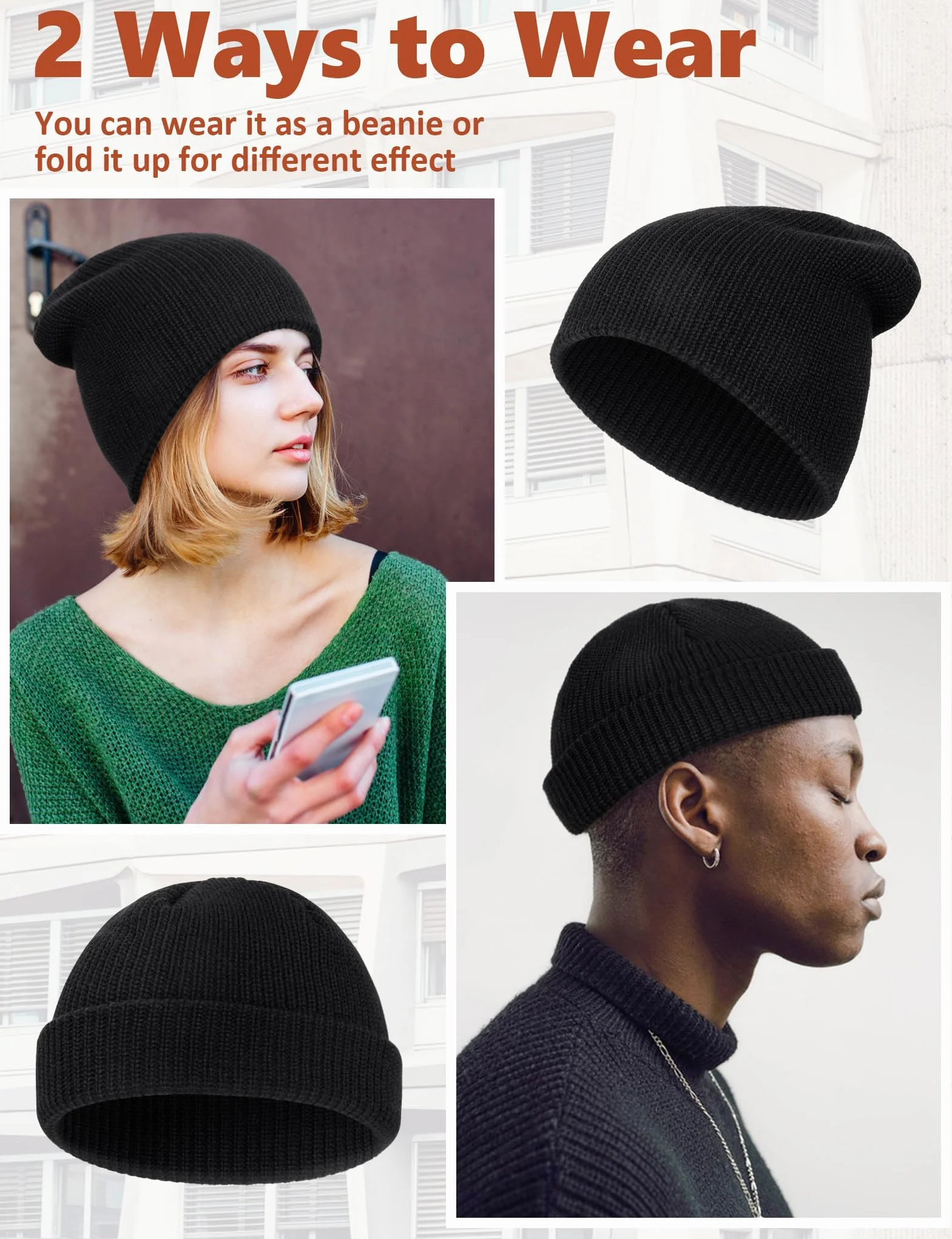 Kiiwah Dzianinowa czapka beanie unisex, składana czapka rybacka mini trawler beanie ciepła oddychająca styl na co dzień dla mężczyzn i kobiet (czarna), Czarny, Rozmiar uniwersalny