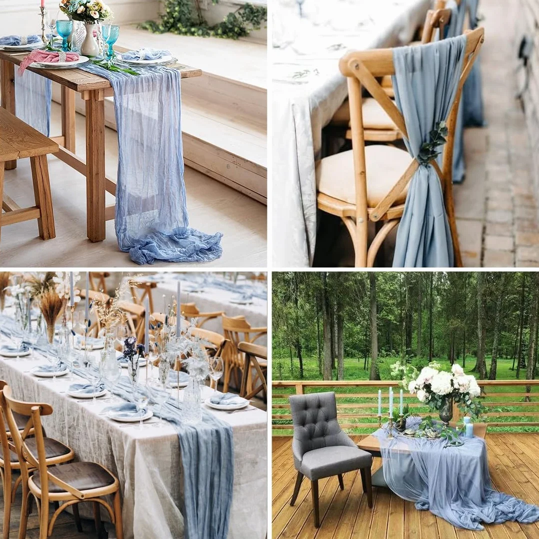 Niebieski bieżnik na stół, 90 x 400 cm, gaza, bieżnik na stół, bieżnik na ser w stylu boho, rustykalna elegancka dekoracja stołu na wesele, chrzest, baby shower, urlop, imprezę