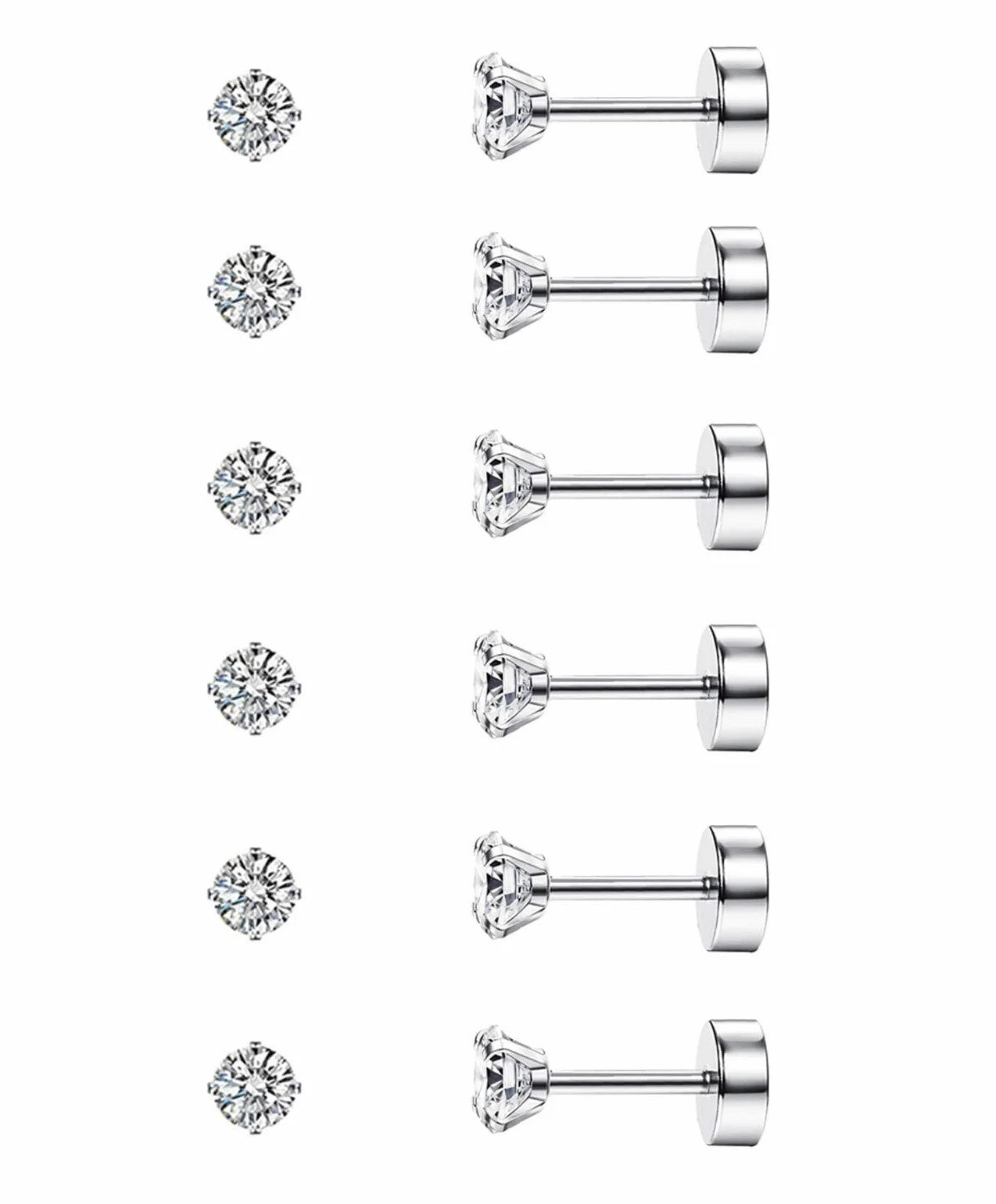 Diamday kolczyki do chrząstki zestaw 6 par 20 g 316L stal chirurgiczna płaski tył 2-5 mm tragus helix piercing hipoalergiczna