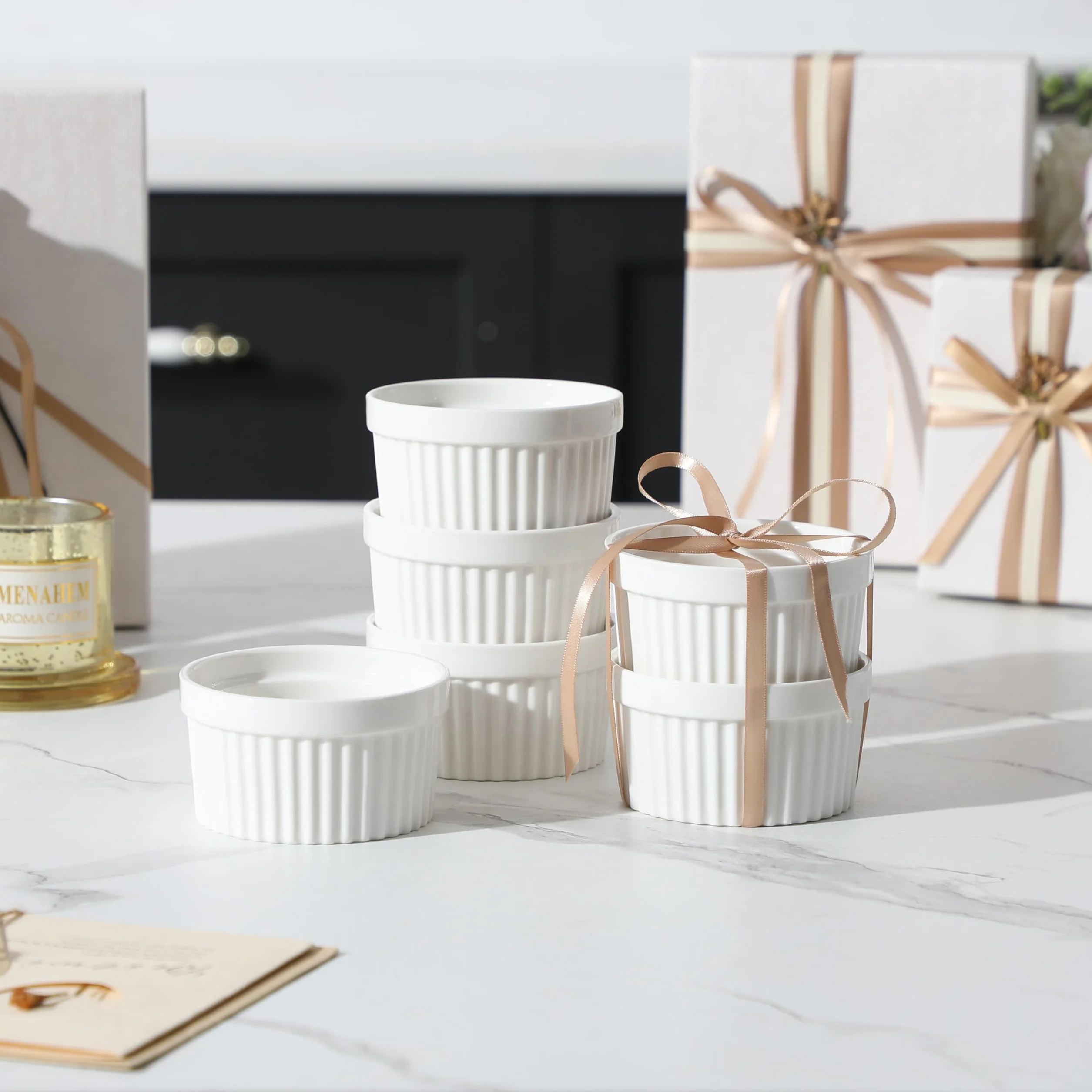 MALACASA Seria Ramekin zestaw 6 miseczek do sufletu 140 ml odporne na piekarnik 8,8 x 4,9 cm białe