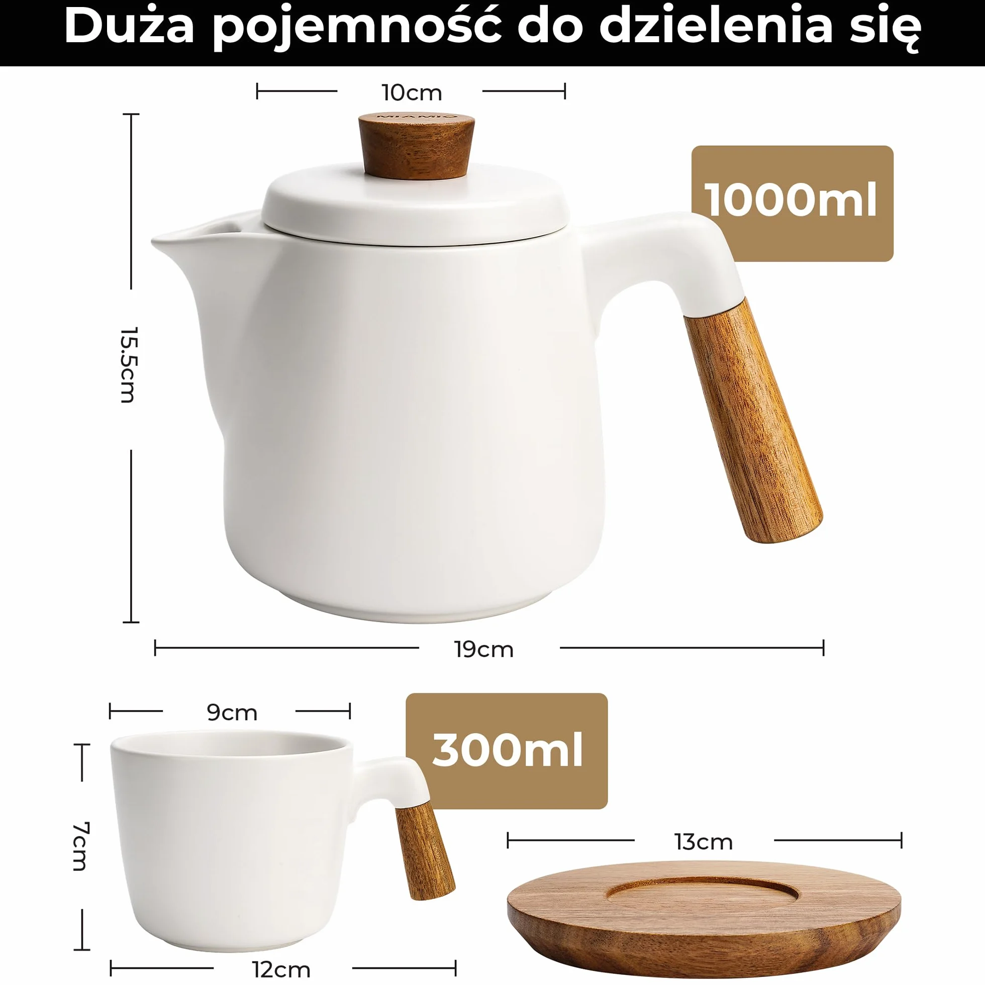 Miamio Zestaw ceramicznych dzbanków do herbaty 1000 ml z zaparzaczem i filiżankami