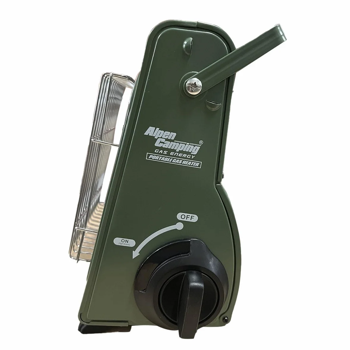 Alpen Camping - przenośny grzejnik gazowy zielony khaki 1700 W piezo, uchylne ogrzewanie dodatkowe, zabezpieczenie termoparą