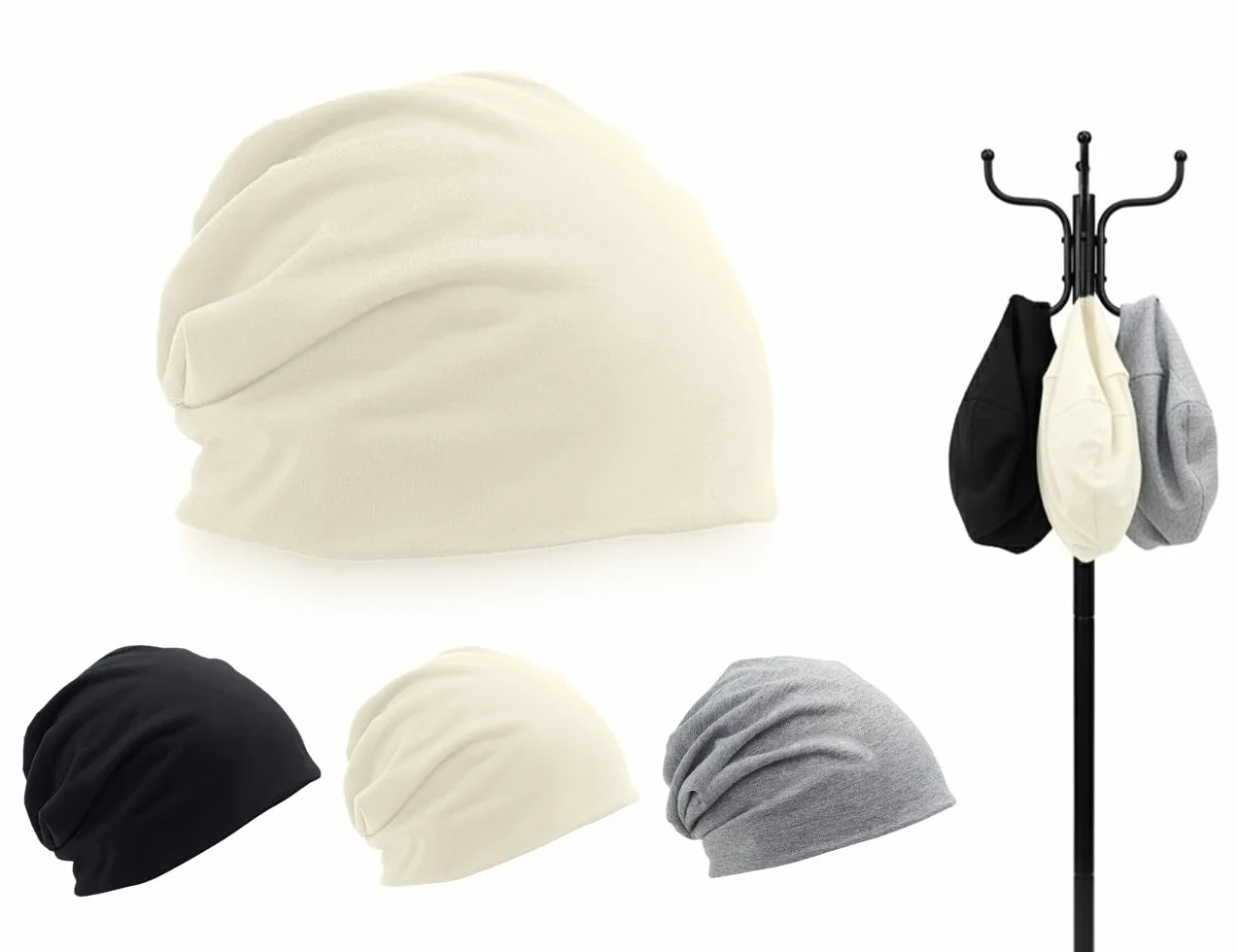 Slouchy cienka czapka beanie, 3 sztuki, dla kobiet i mężczyzn, chemiczne nakrycie głowy, elastyczna czapka do biegania (czarna, biała, szara)