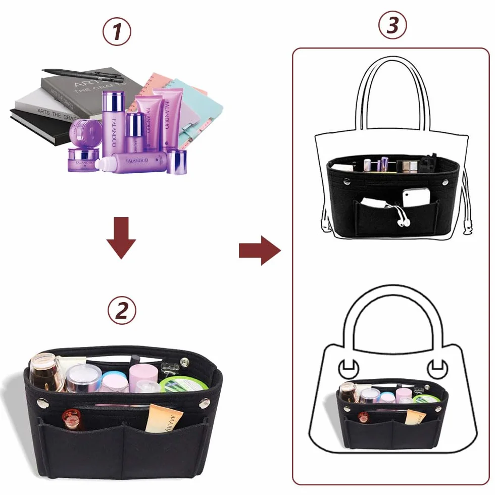 Filcowy Organizer do Torebki, 24 x 8 x 15 cm, Kieszeń Wewnętrzna z Wieloma Przegródkami (Czarny) | Filcowy organizer do torebki, organizer wewnętrzny, kieszeń wewnętrzna na torebki z wieloma przegródkami