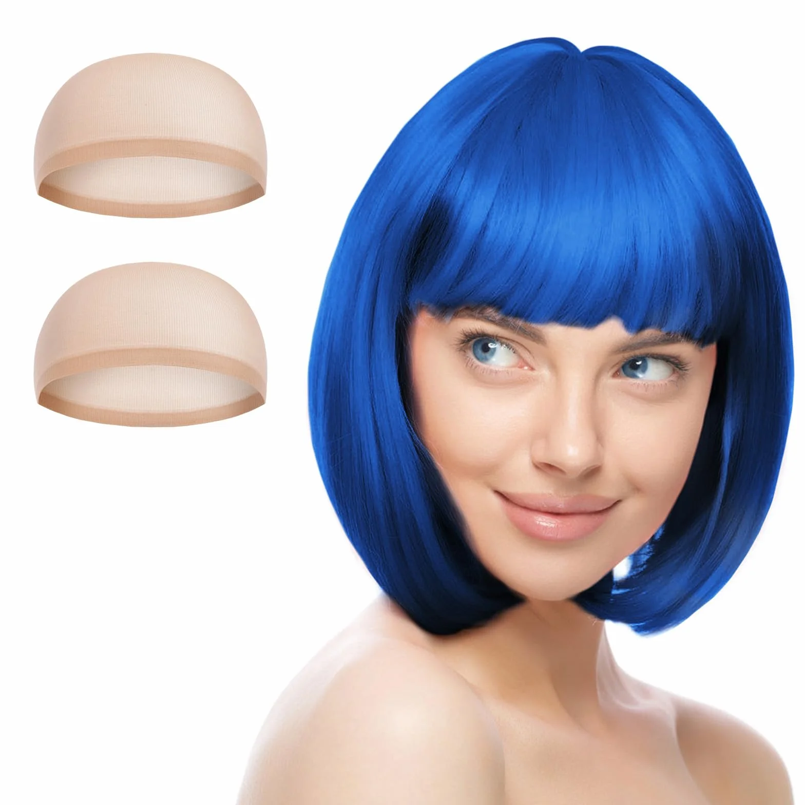 AUYAO Królewski niebieski peruka brokatowa krótka prosta Anime Cosplay peruka z siatką włosy, krótkie peruki Bob z grzywką, peruki w kolorze neonowym na Halloween karnawał dla kobiet i dziewcząt